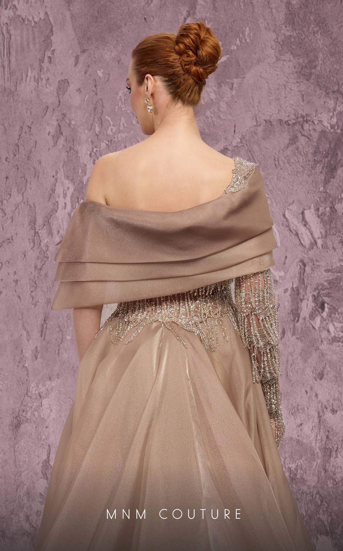 MNM Couture J03308 Gold Embellished Organza Asymmetrical One-Sleeve A-Line Gown