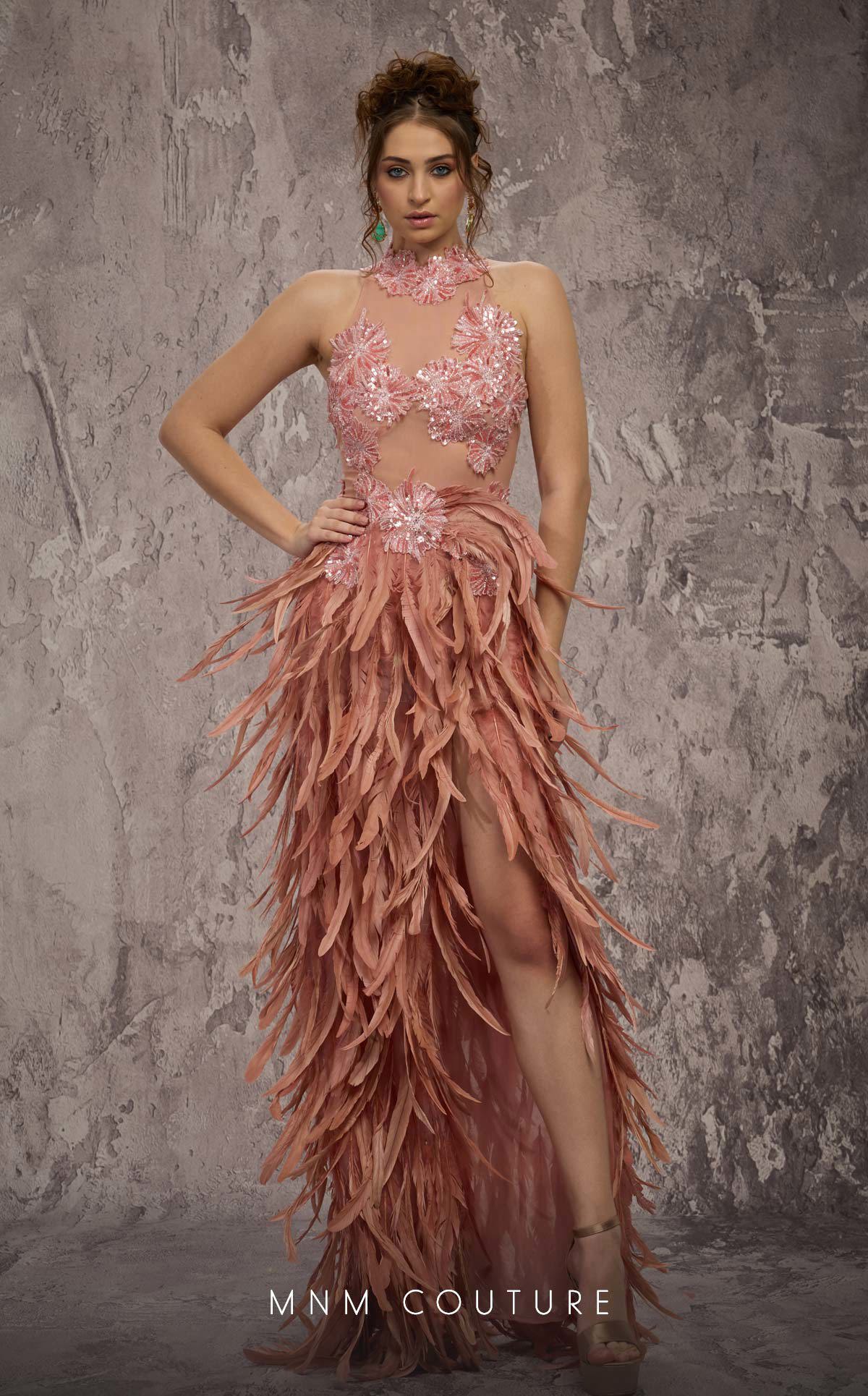 MNM Couture J03381 Pink Halter Beaded Illusion Gown with Feathered Split Skirt