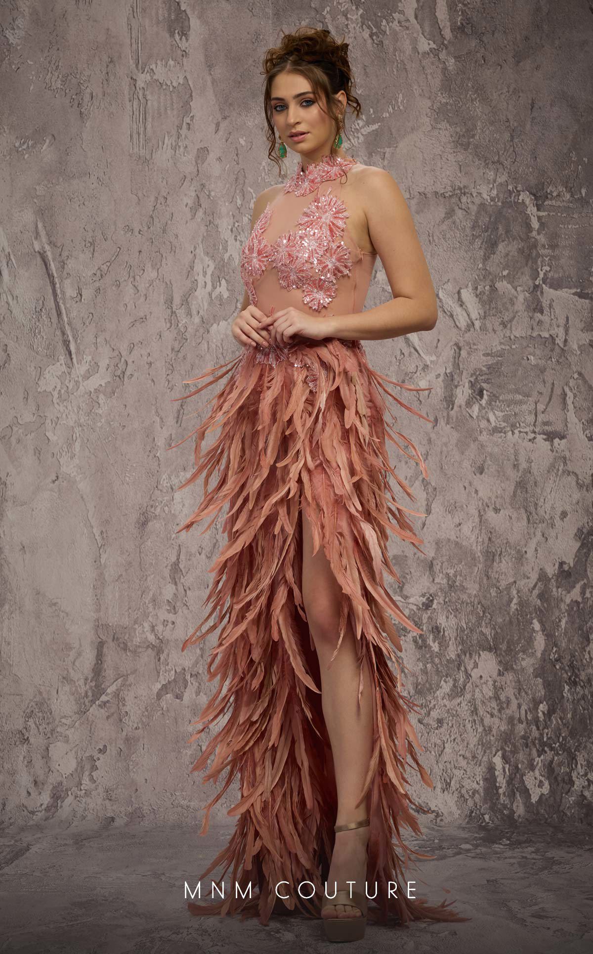 MNM Couture J03381 Pink Halter Beaded Illusion Gown with Feathered Split Skirt