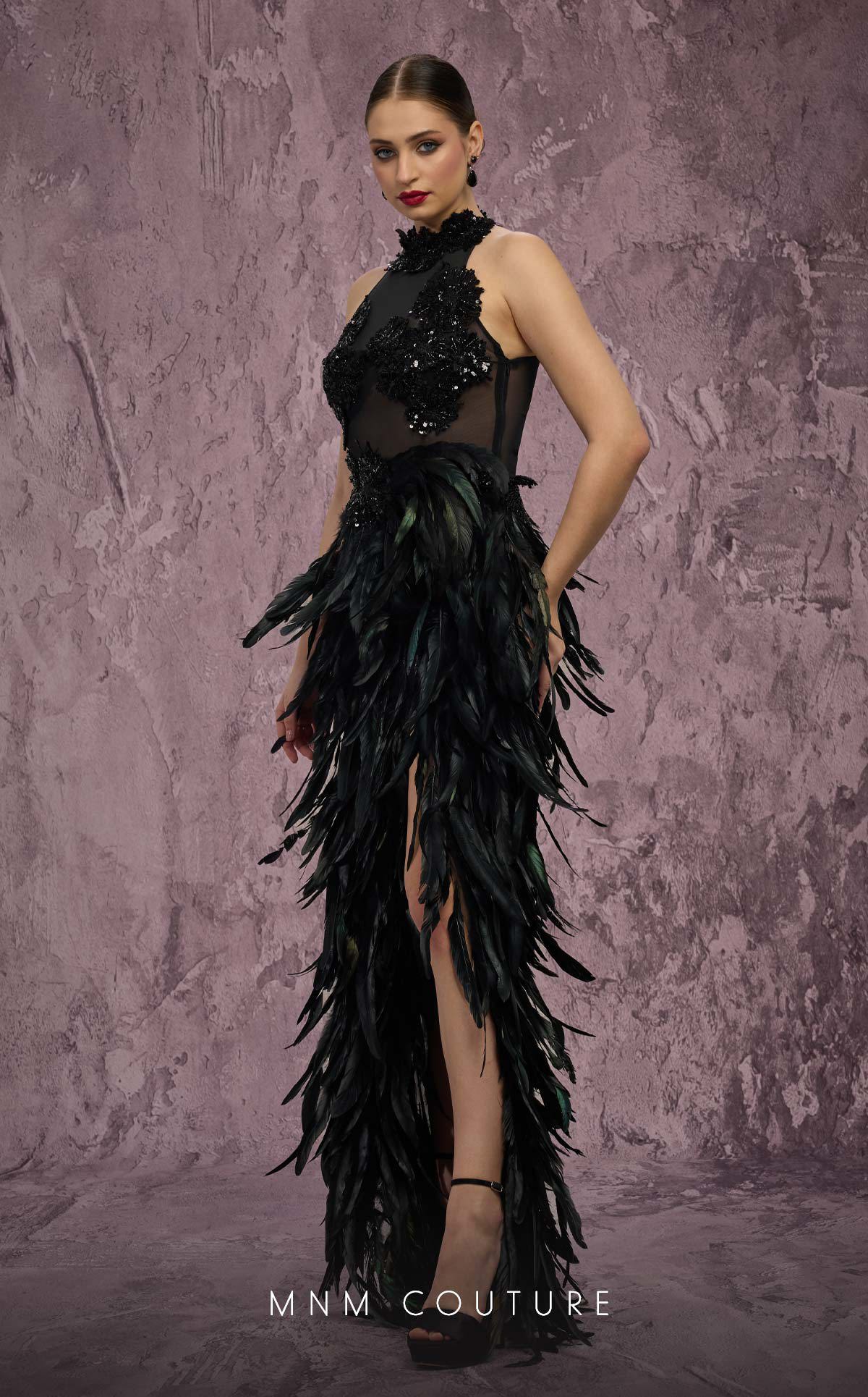 MNM Couture J03381 Pink Halter Beaded Illusion Gown with Feathered Split Skirt