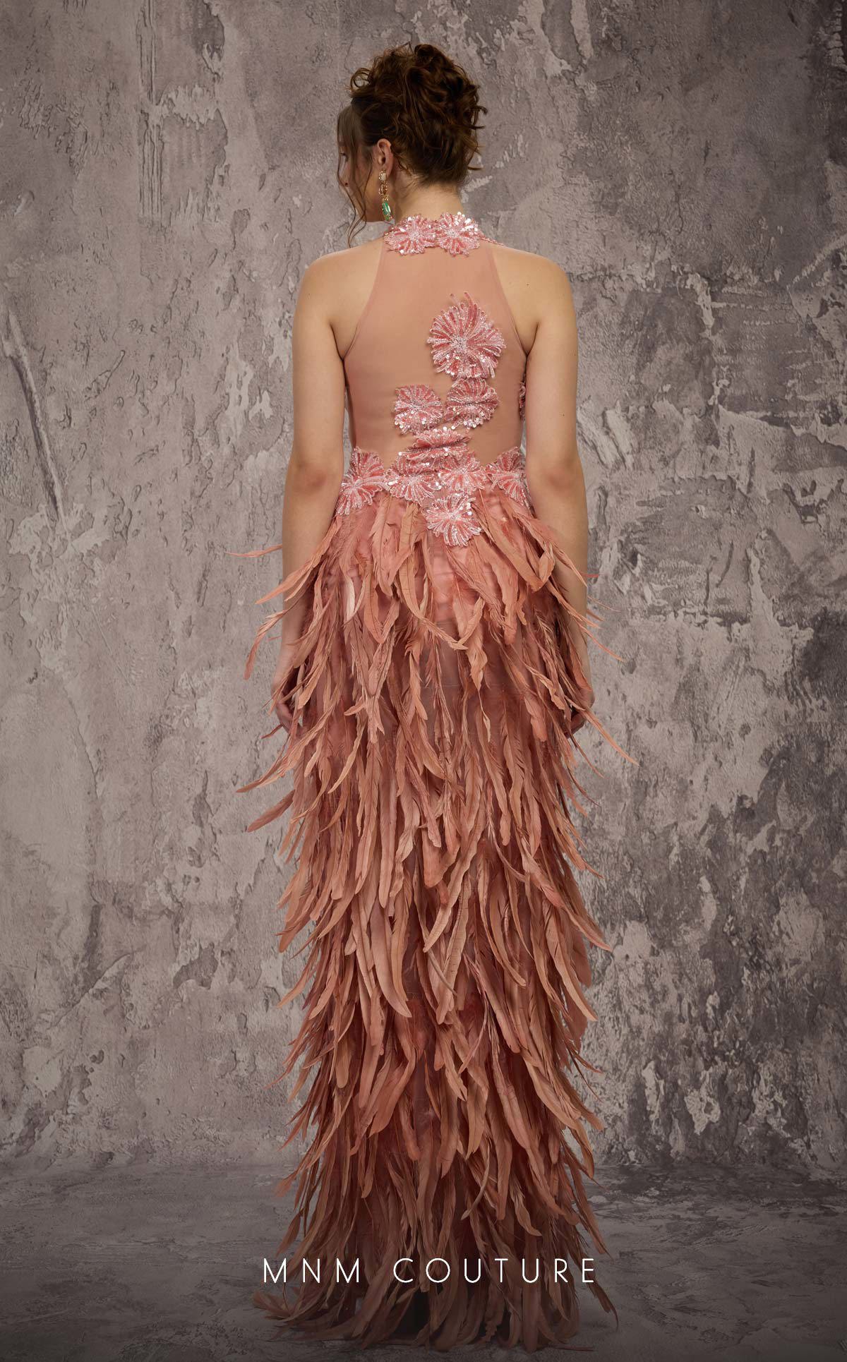 MNM Couture J03381 Pink Halter Beaded Illusion Gown with Feathered Split Skirt