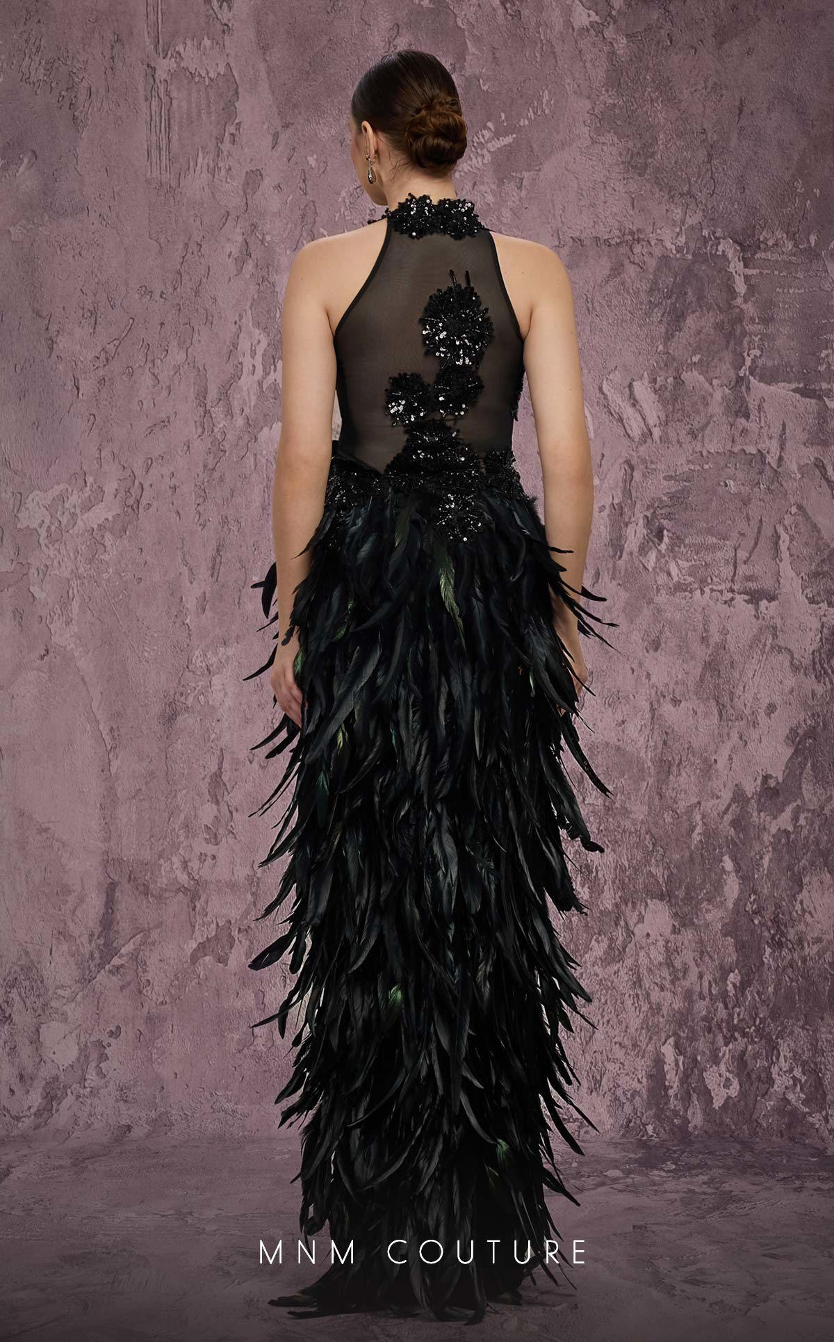 MNM Couture J03381 Pink Halter Beaded Illusion Gown with Feathered Split Skirt
