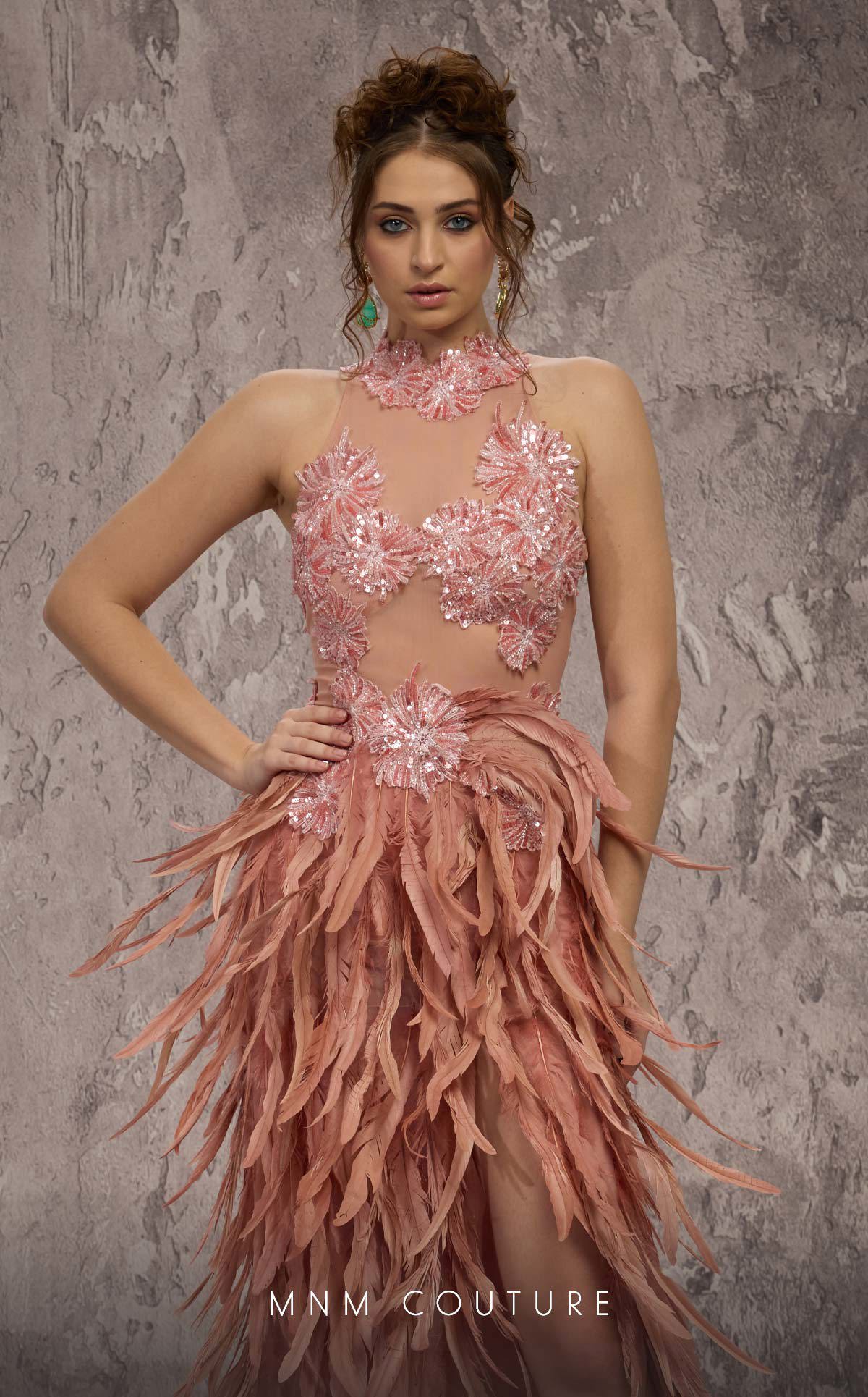 MNM Couture J03381 Pink Halter Beaded Illusion Gown with Feathered Split Skirt