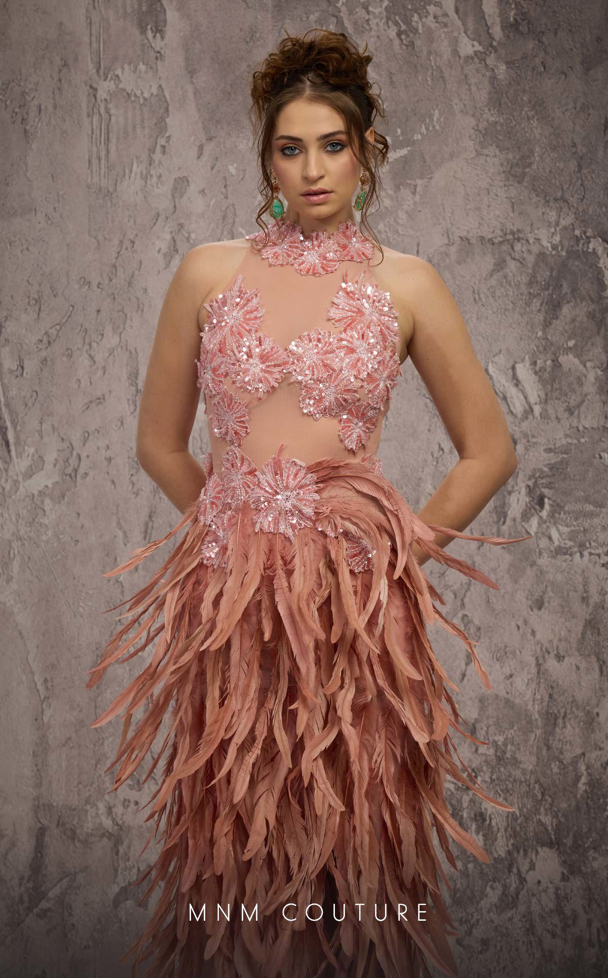 MNM Couture J03381 Pink Halter Beaded Illusion Gown with Feathered Split Skirt