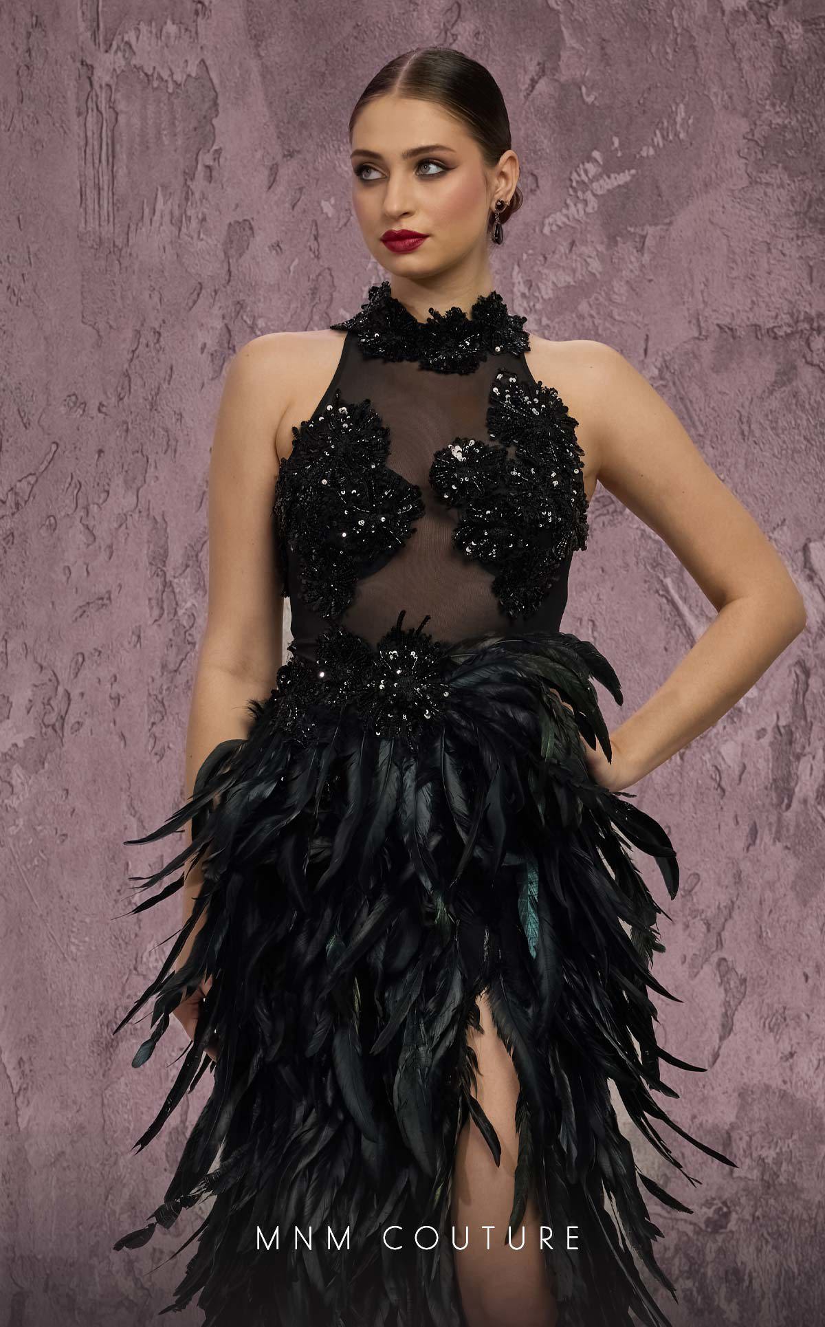 MNM Couture J03381 Pink Halter Beaded Illusion Gown with Feathered Split Skirt