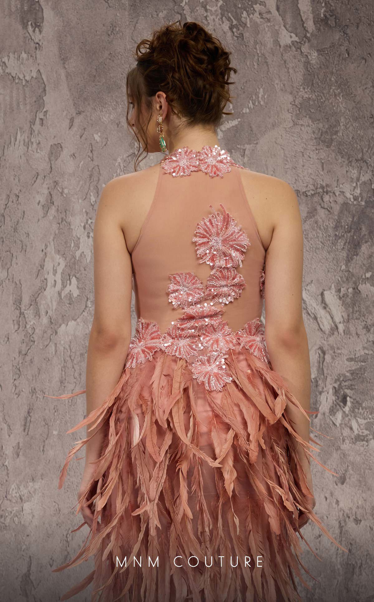 MNM Couture J03381 Pink Halter Beaded Illusion Gown with Feathered Split Skirt