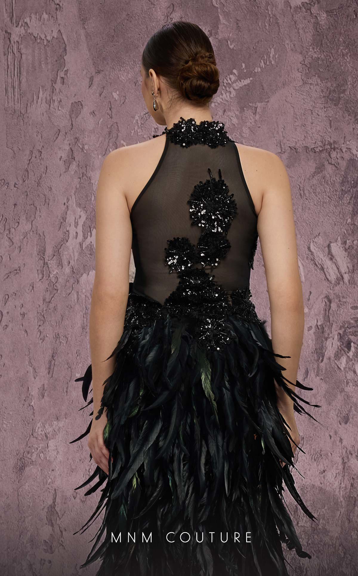 MNM Couture J03381 Pink Halter Beaded Illusion Gown with Feathered Split Skirt