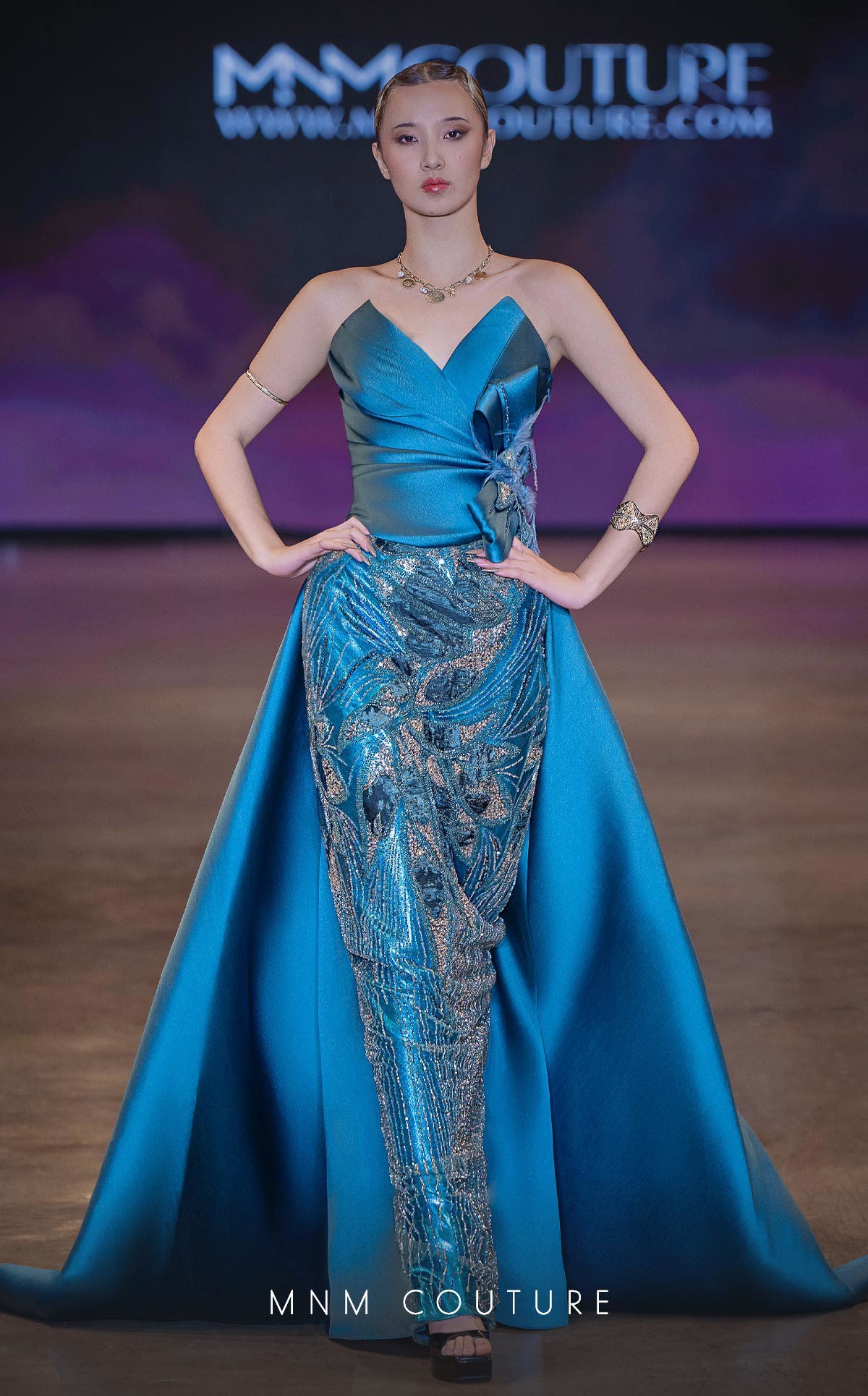 MNM Couture J03497 Green Strapless V-neckline Satin & Beaded Column Gown with Train