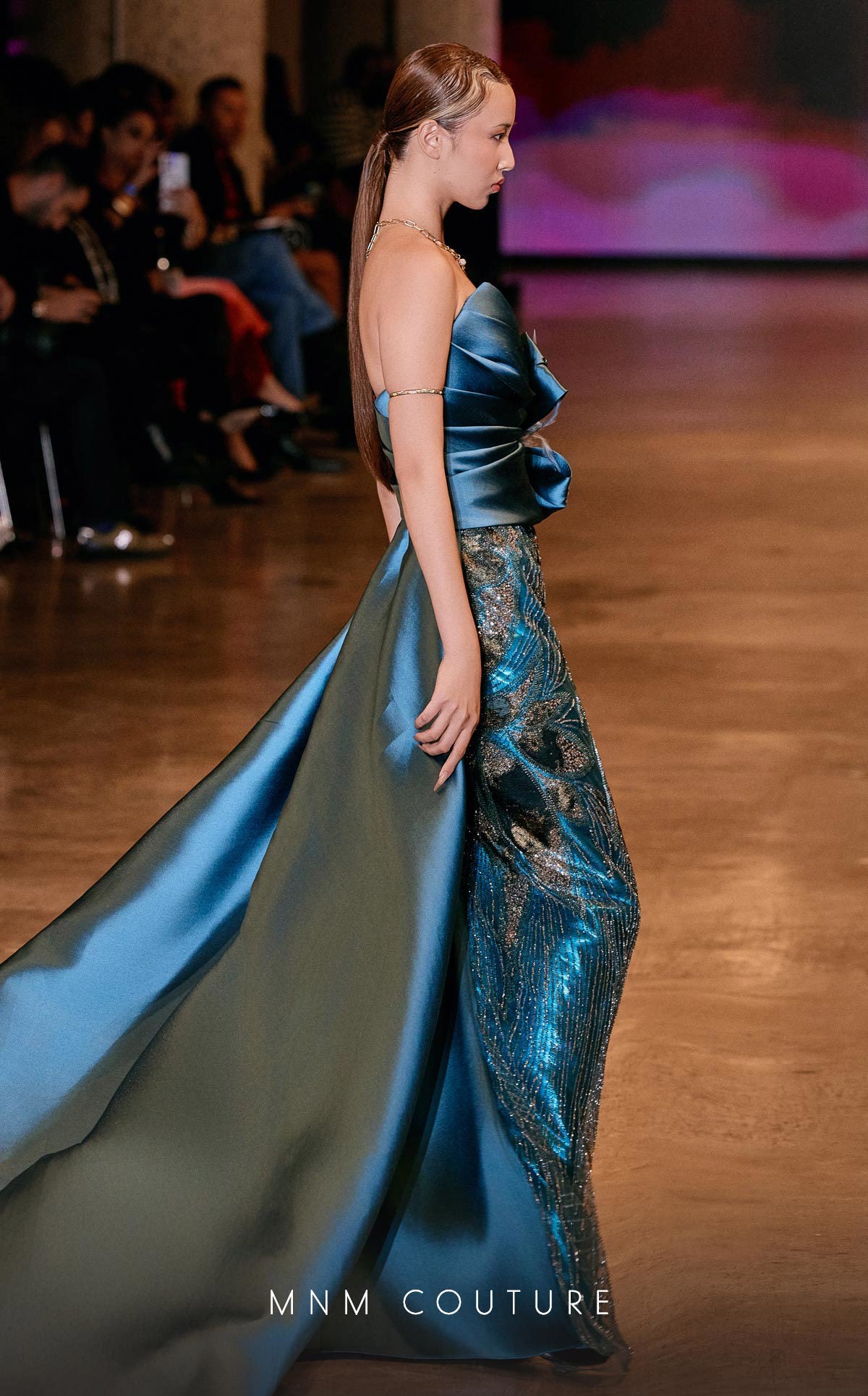 MNM Couture J03497 Green Strapless V-neckline Satin & Beaded Column Gown with Train