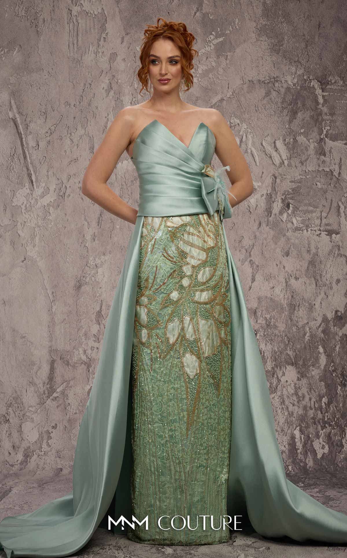 MNM Couture J03497 Green Strapless V-neckline Satin & Beaded Column Gown with Train
