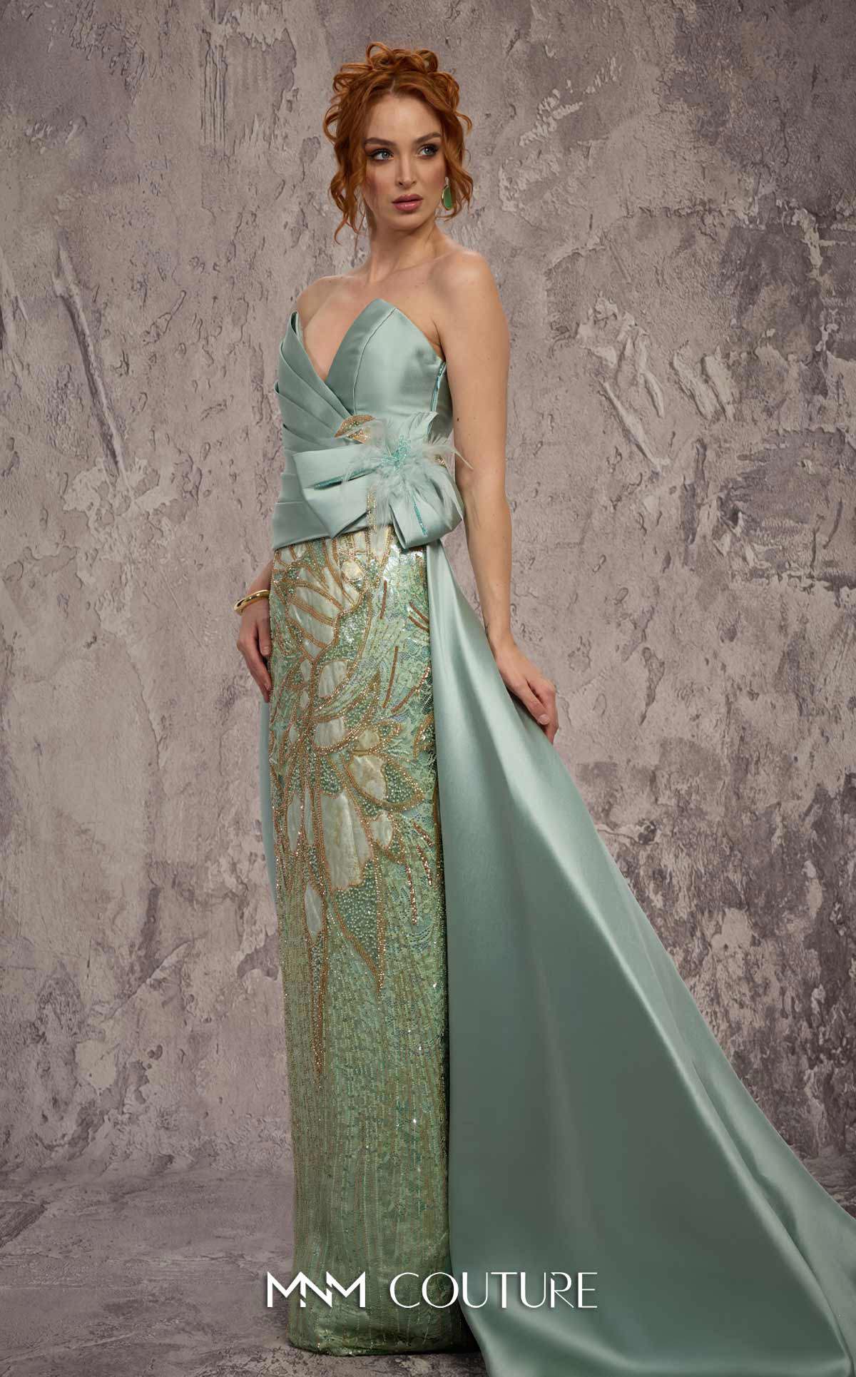 MNM Couture J03497 Green Strapless V-neckline Satin & Beaded Column Gown with Train