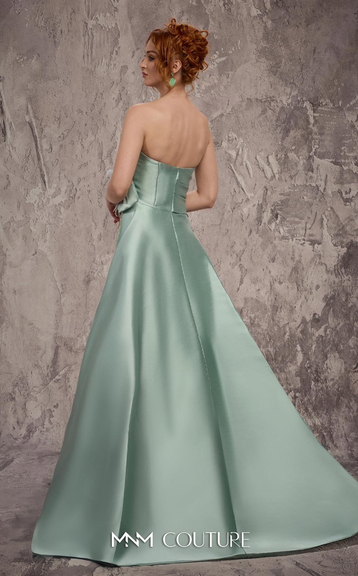 MNM Couture J03497 Green Strapless V-neckline Satin & Beaded Column Gown with Train