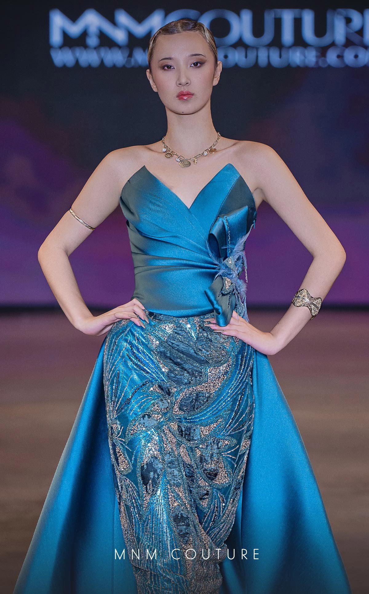 MNM Couture J03497 Green Strapless V-neckline Satin & Beaded Column Gown with Train