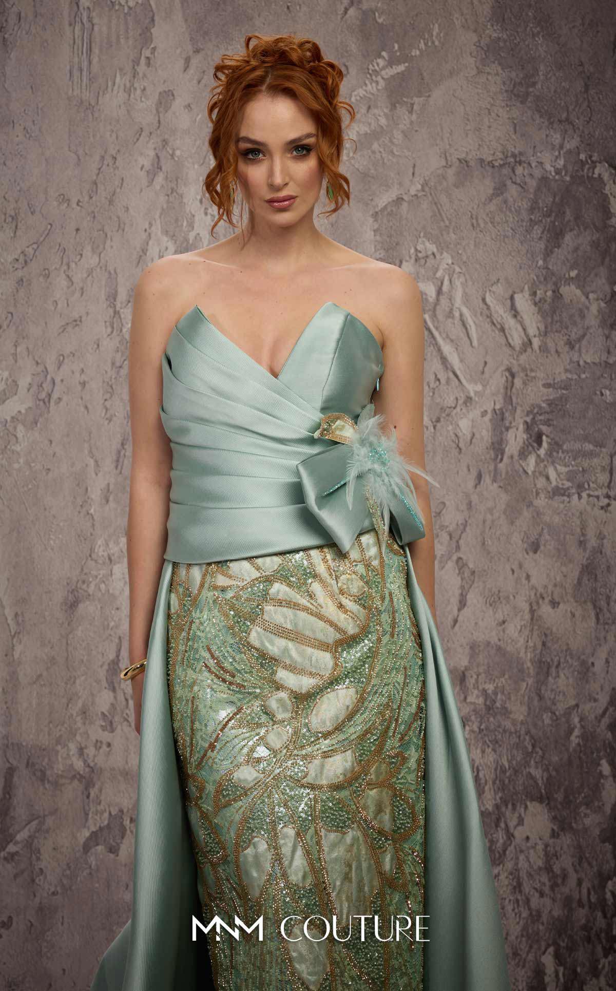 MNM Couture J03497 Green Strapless V-neckline Satin & Beaded Column Gown with Train