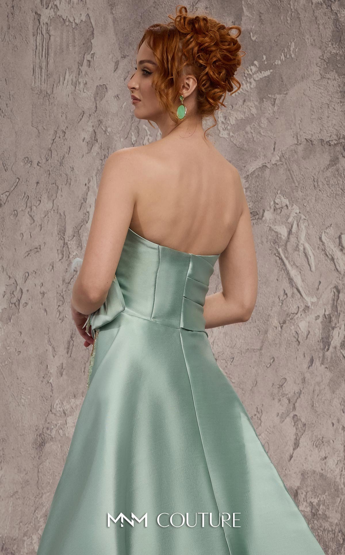 MNM Couture J03497 Green Strapless V-neckline Satin & Beaded Column Gown with Train