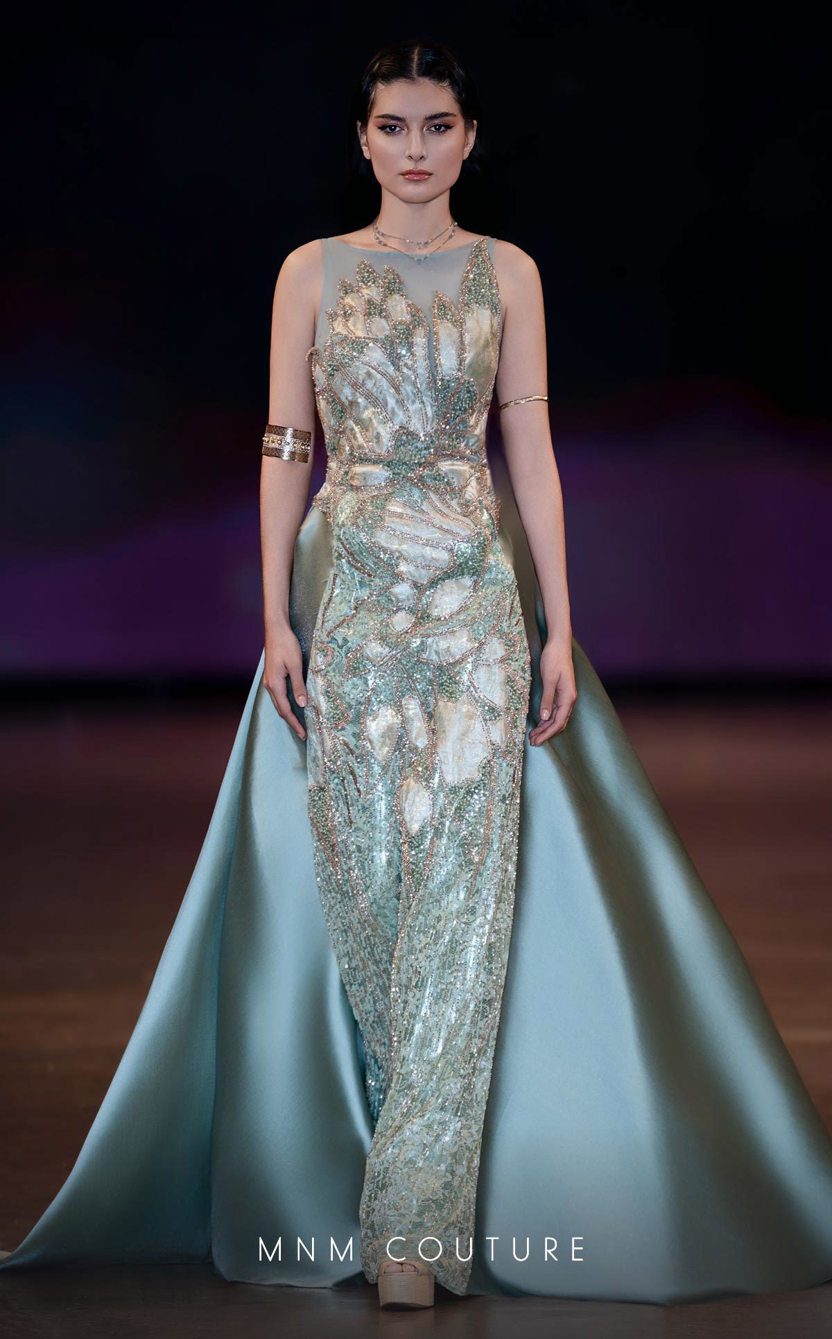 MNM Couture J03503 Green Sleeveless Beaded Column Gown with Overskirt