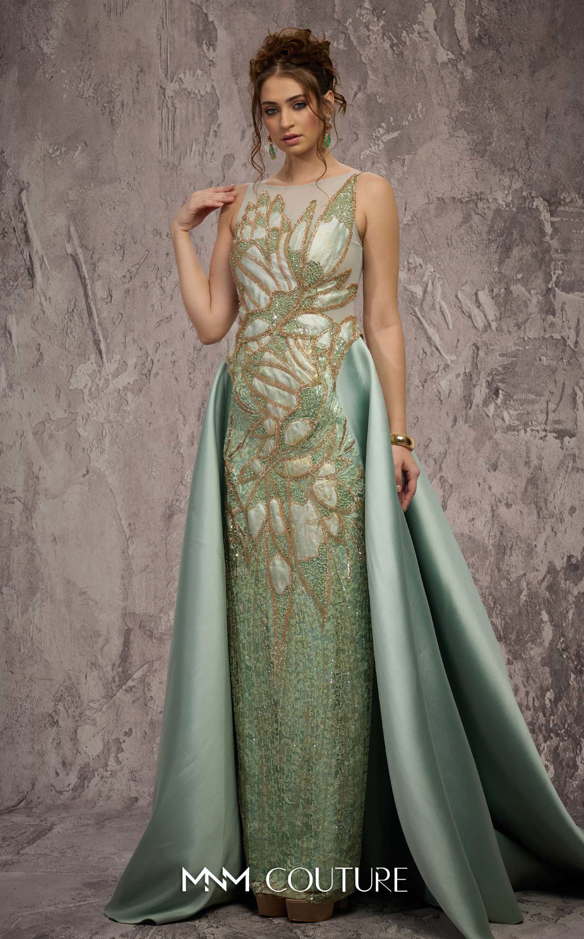 MNM Couture J03503 Green Sleeveless Beaded Column Gown with Overskirt