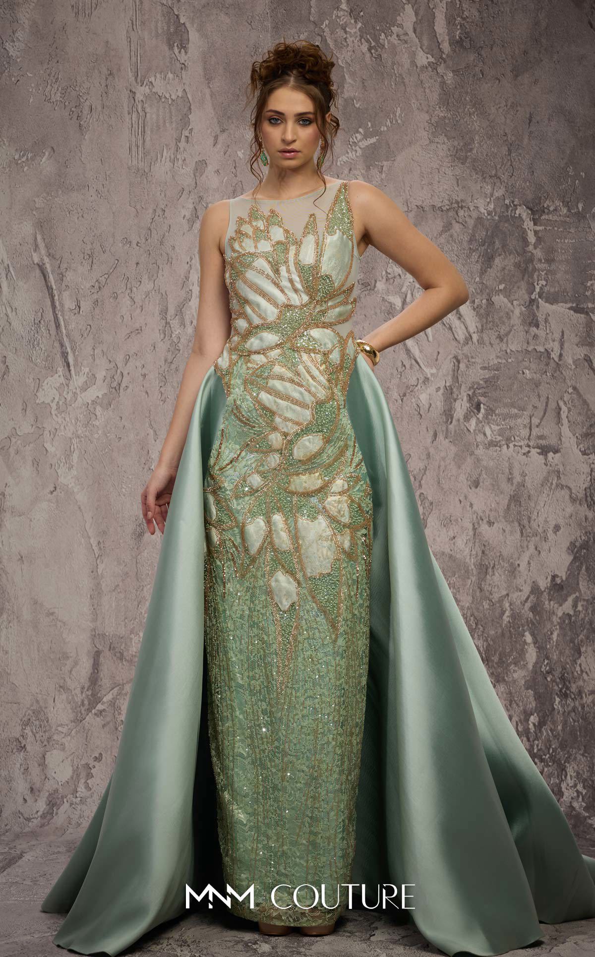 MNM Couture J03503 Green Sleeveless Beaded Column Gown with Overskirt
