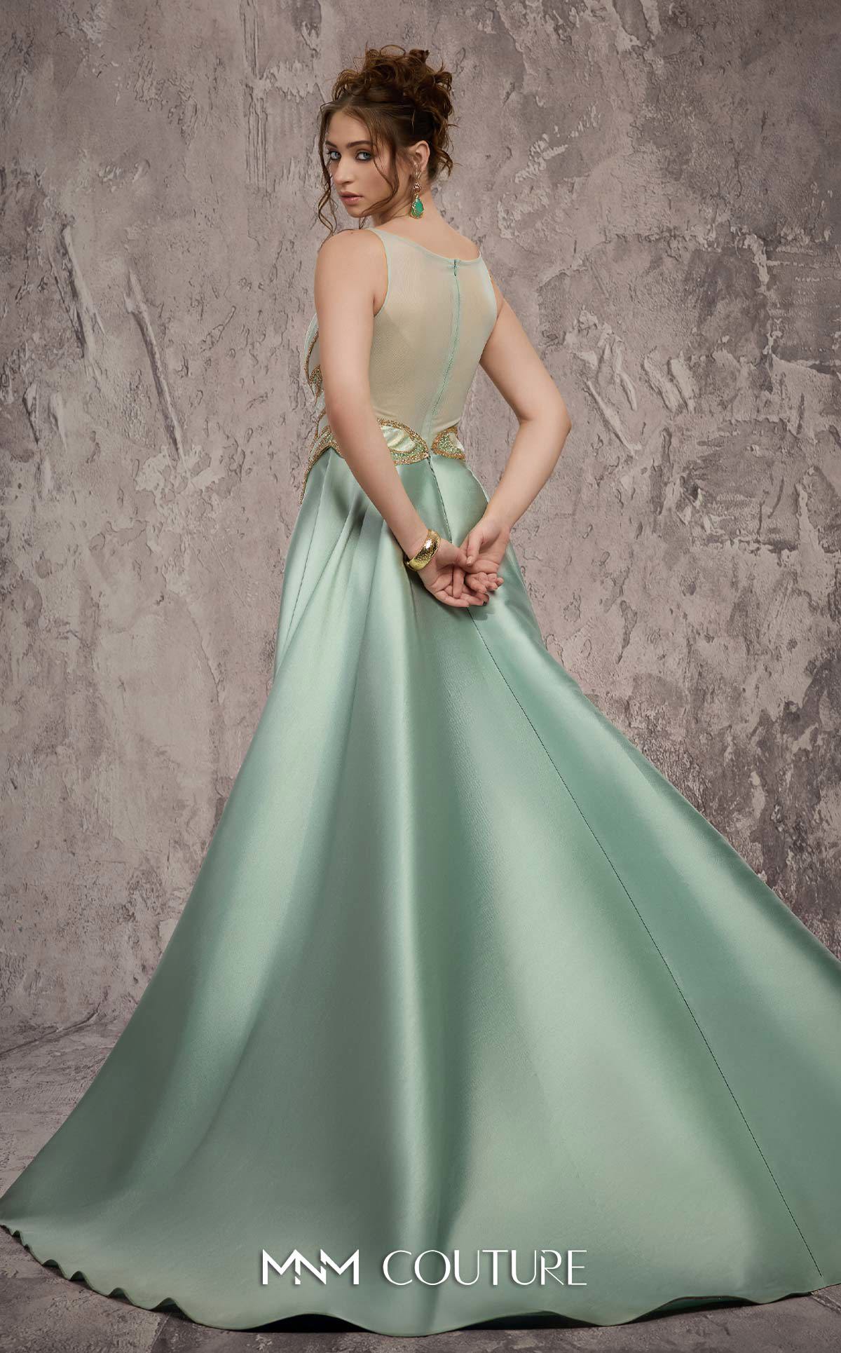 MNM Couture J03503 Green Sleeveless Beaded Column Gown with Overskirt