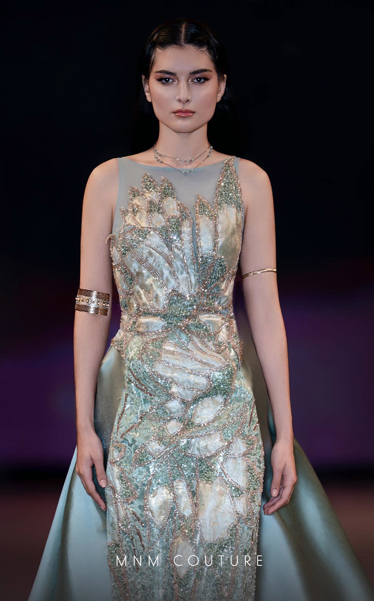 MNM Couture J03503 Green Sleeveless Beaded Column Gown with Overskirt