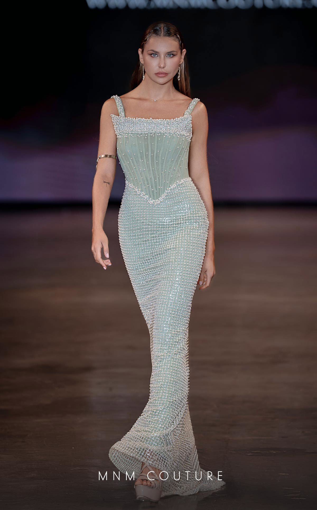 MNM Couture J03553 Green Spaghetti Straps Pearl Beaded Molly Corset Gown