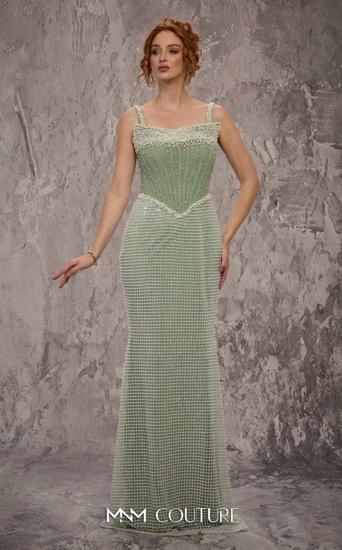 MNM Couture J03553 Green Spaghetti Straps Pearl Beaded Molly Corset Gown
