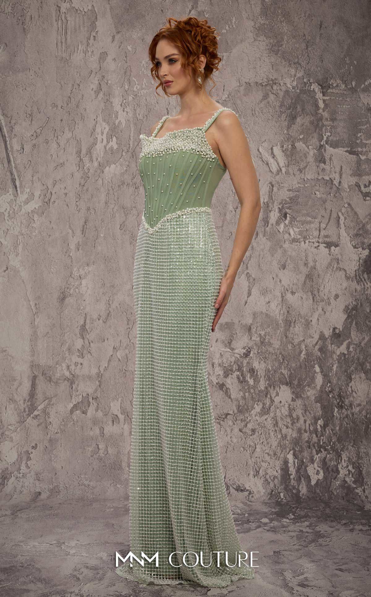 MNM Couture J03553 Green Spaghetti Straps Pearl Beaded Molly Corset Gown