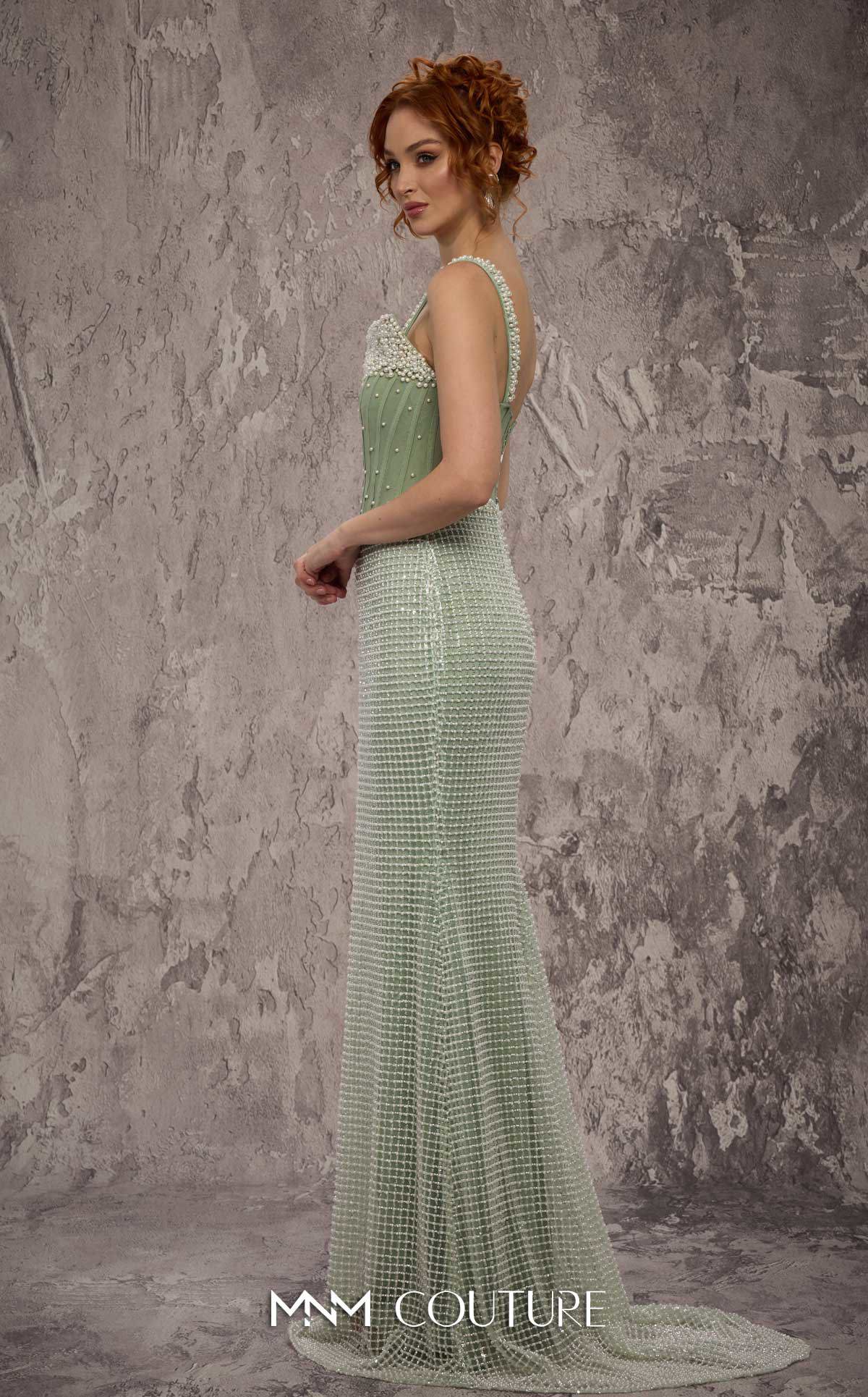 MNM Couture J03553 Green Spaghetti Straps Pearl Beaded Molly Corset Gown