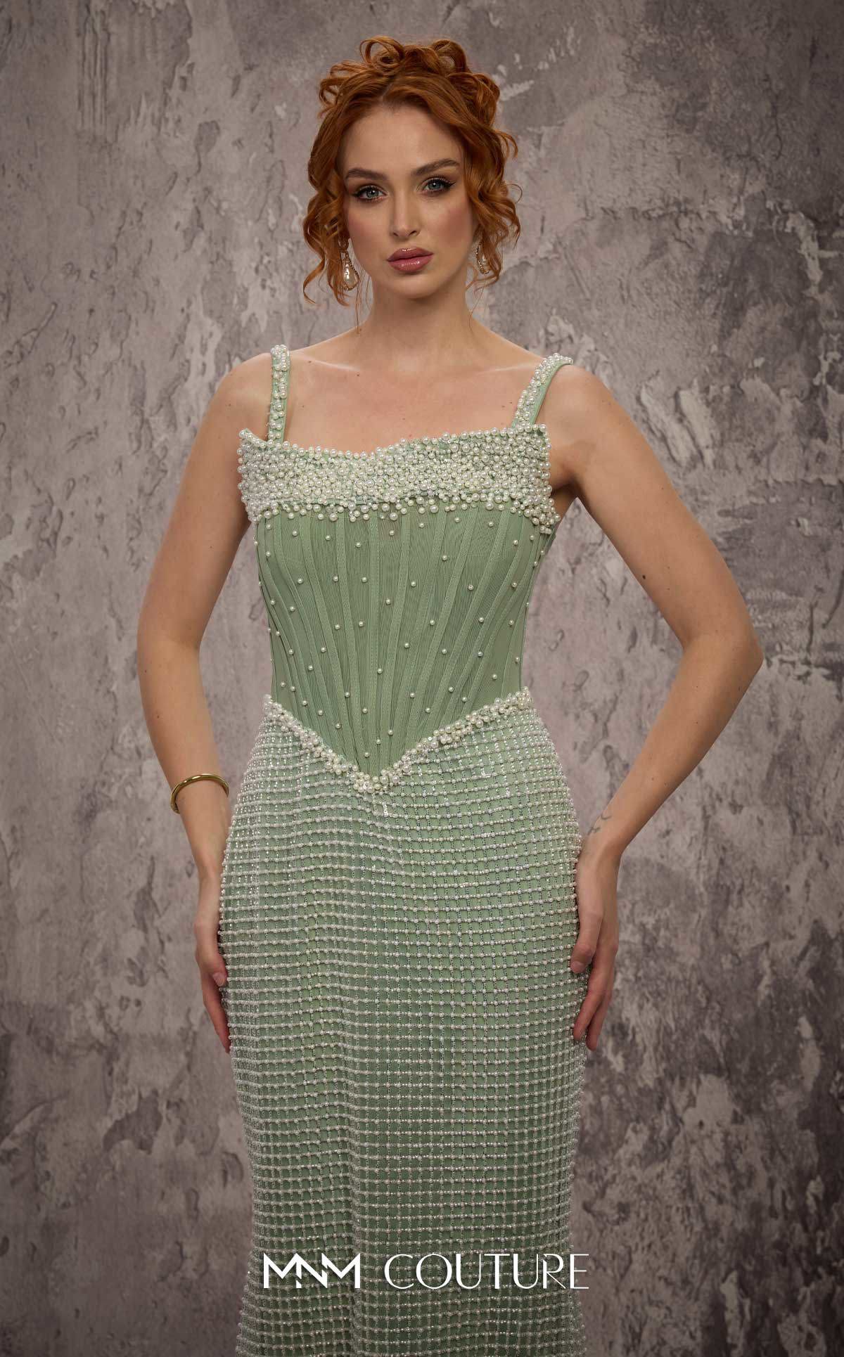 MNM Couture J03553 Green Spaghetti Straps Pearl Beaded Molly Corset Gown