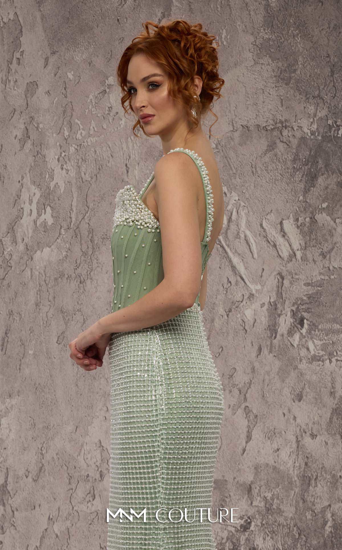 MNM Couture J03553 Green Spaghetti Straps Pearl Beaded Molly Corset Gown