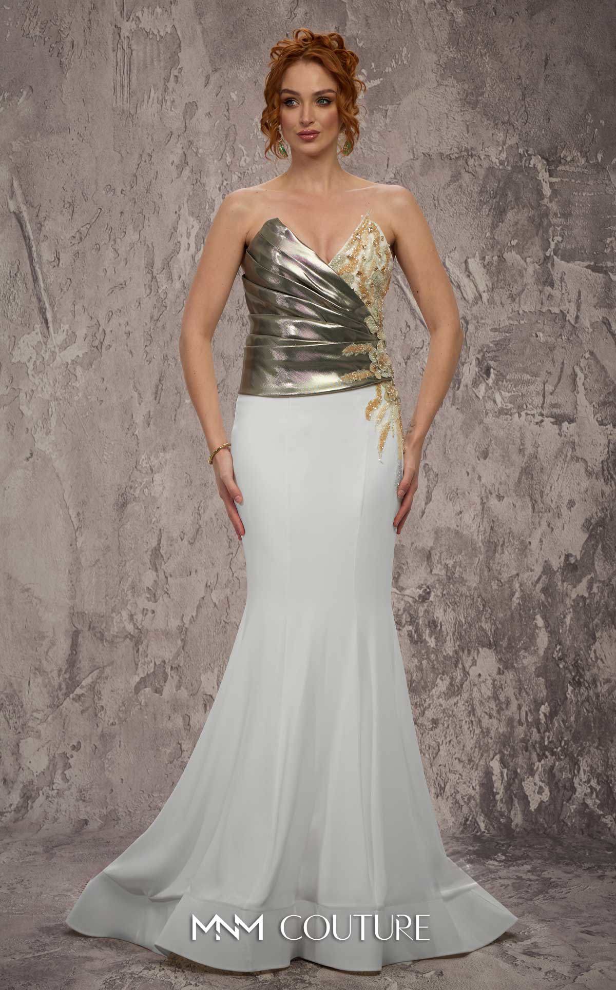 MNM Couture J03554 Embroidered Strapless Crepe Metallic Overlay Mermaid Gown