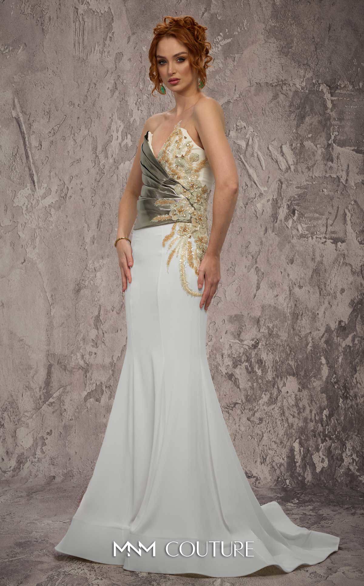 MNM Couture J03554 Embroidered Strapless Crepe Metallic Overlay Mermaid Gown