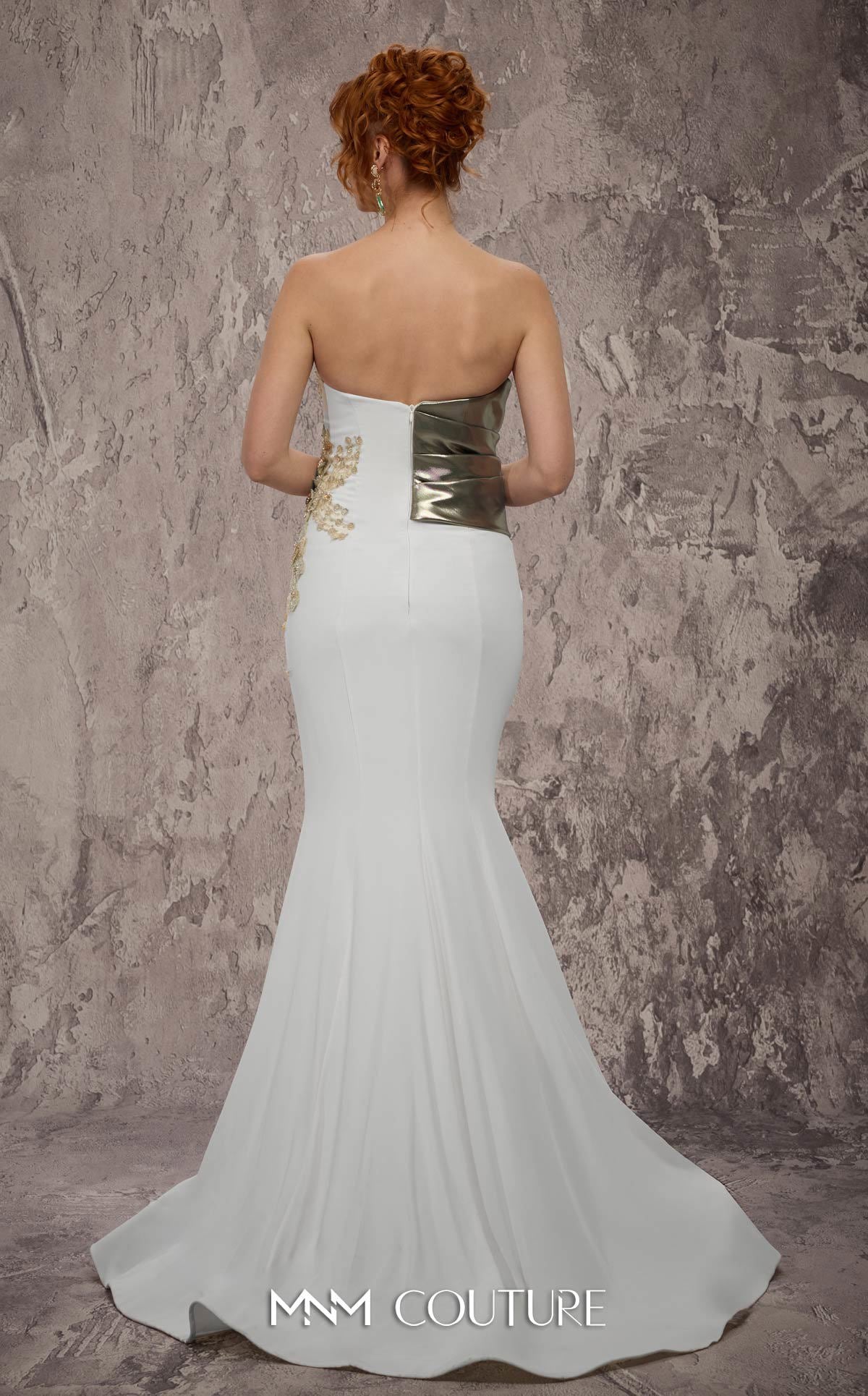 MNM Couture J03554 Embroidered Strapless Crepe Metallic Overlay Mermaid Gown