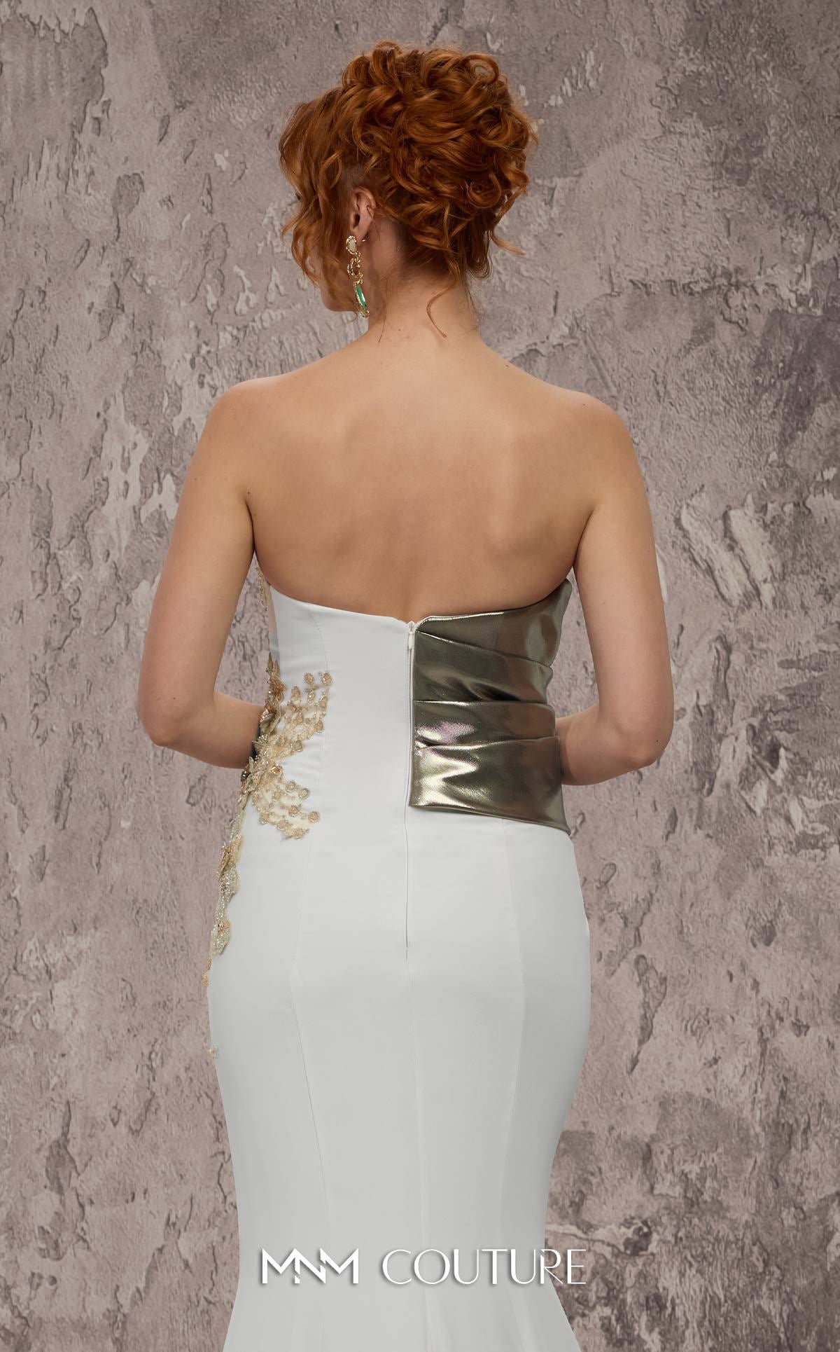 MNM Couture J03554 Embroidered Strapless Crepe Metallic Overlay Mermaid Gown