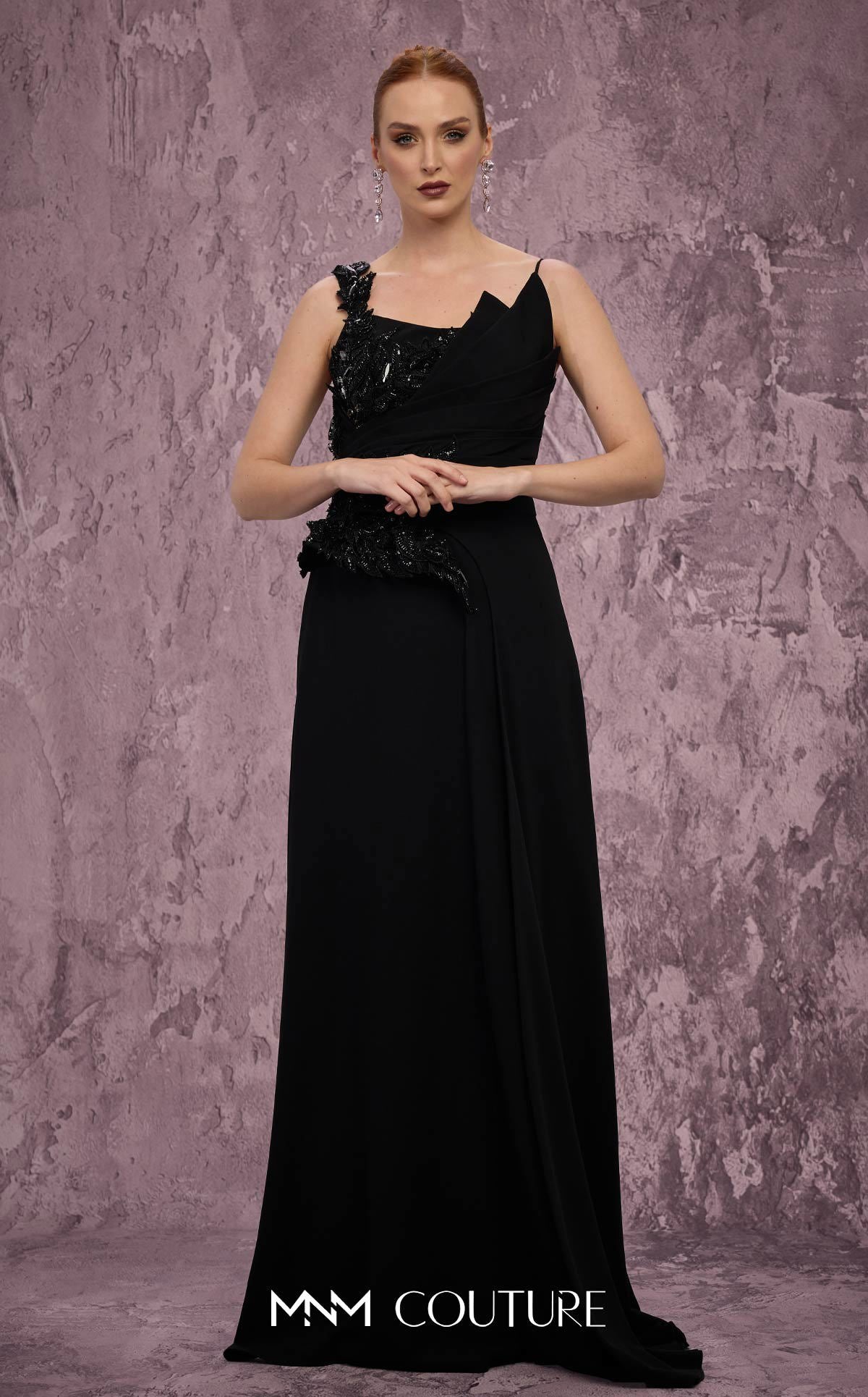 MNM Couture J03563 Black Sleeveless Asymmetrical Beaded Crepe Gown