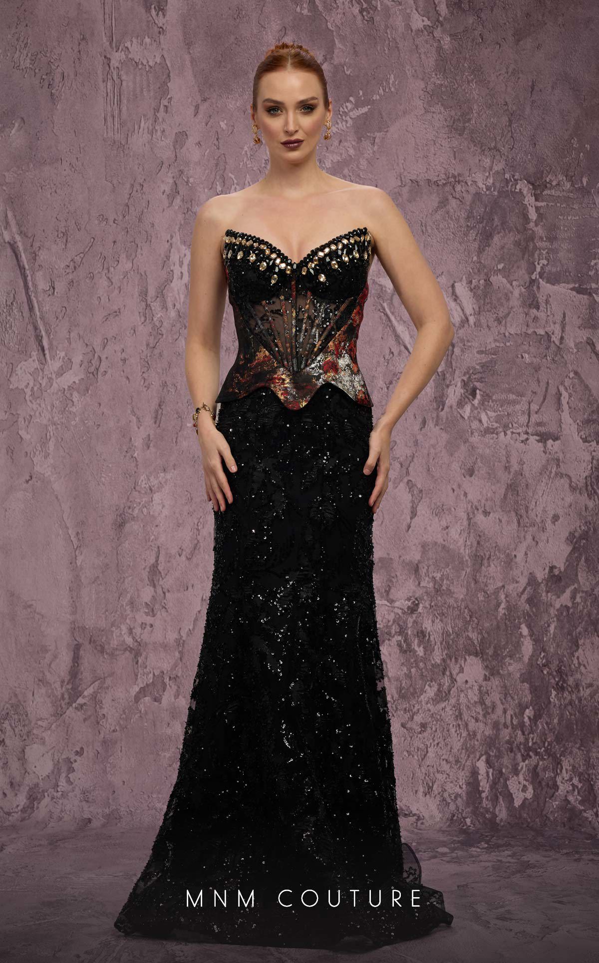 MNM Couture J03569 Black Strapless Beaded Mermaid Gown with Contrasting Peplum Bodice