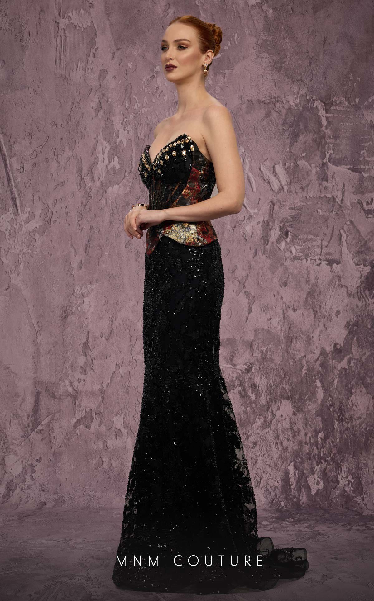 MNM Couture J03569 Black Strapless Beaded Mermaid Gown with Contrasting Peplum Bodice