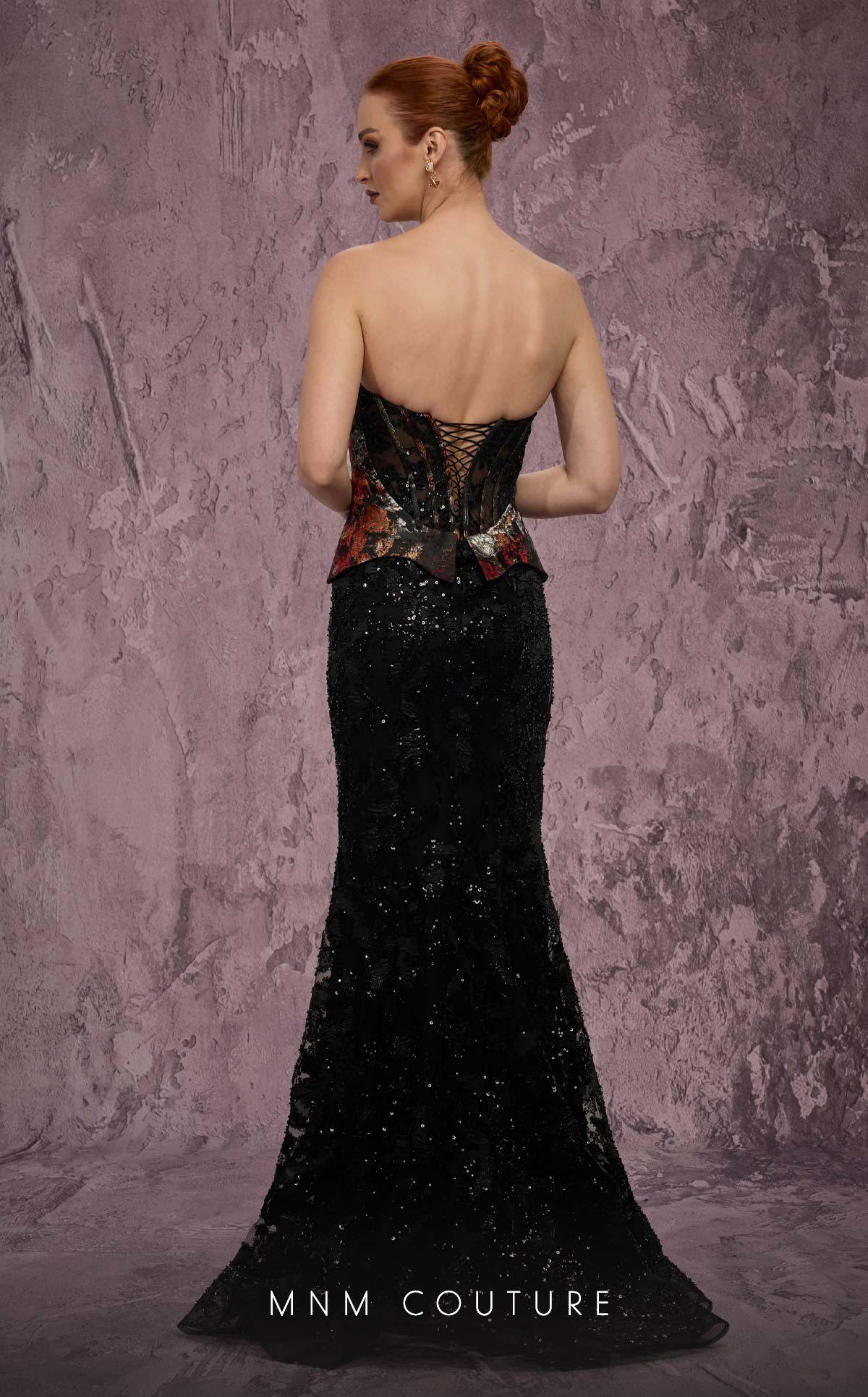MNM Couture J03569 Black Strapless Beaded Mermaid Gown with Contrasting Peplum Bodice