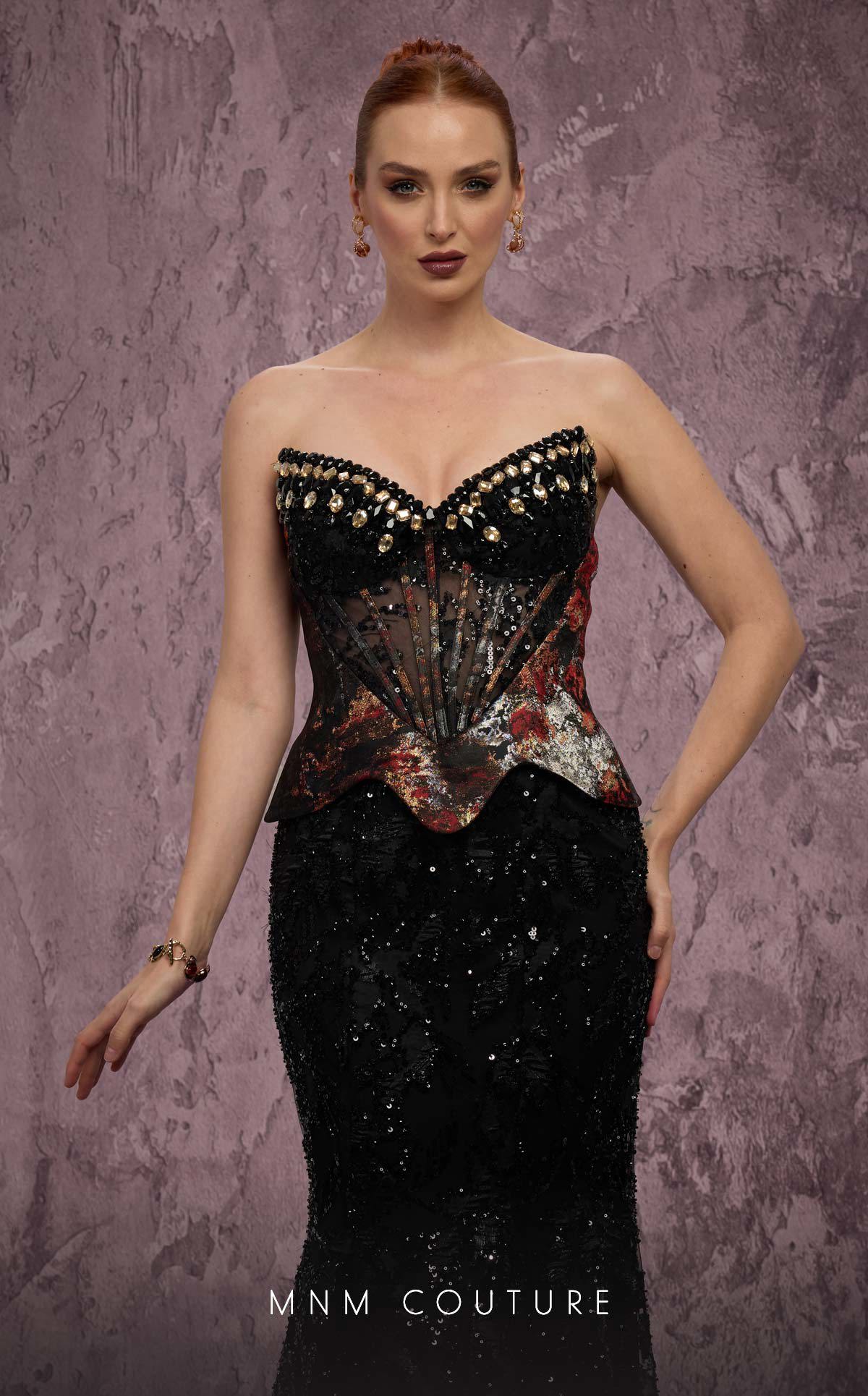 MNM Couture J03569 Black Strapless Beaded Mermaid Gown with Contrasting Peplum Bodice