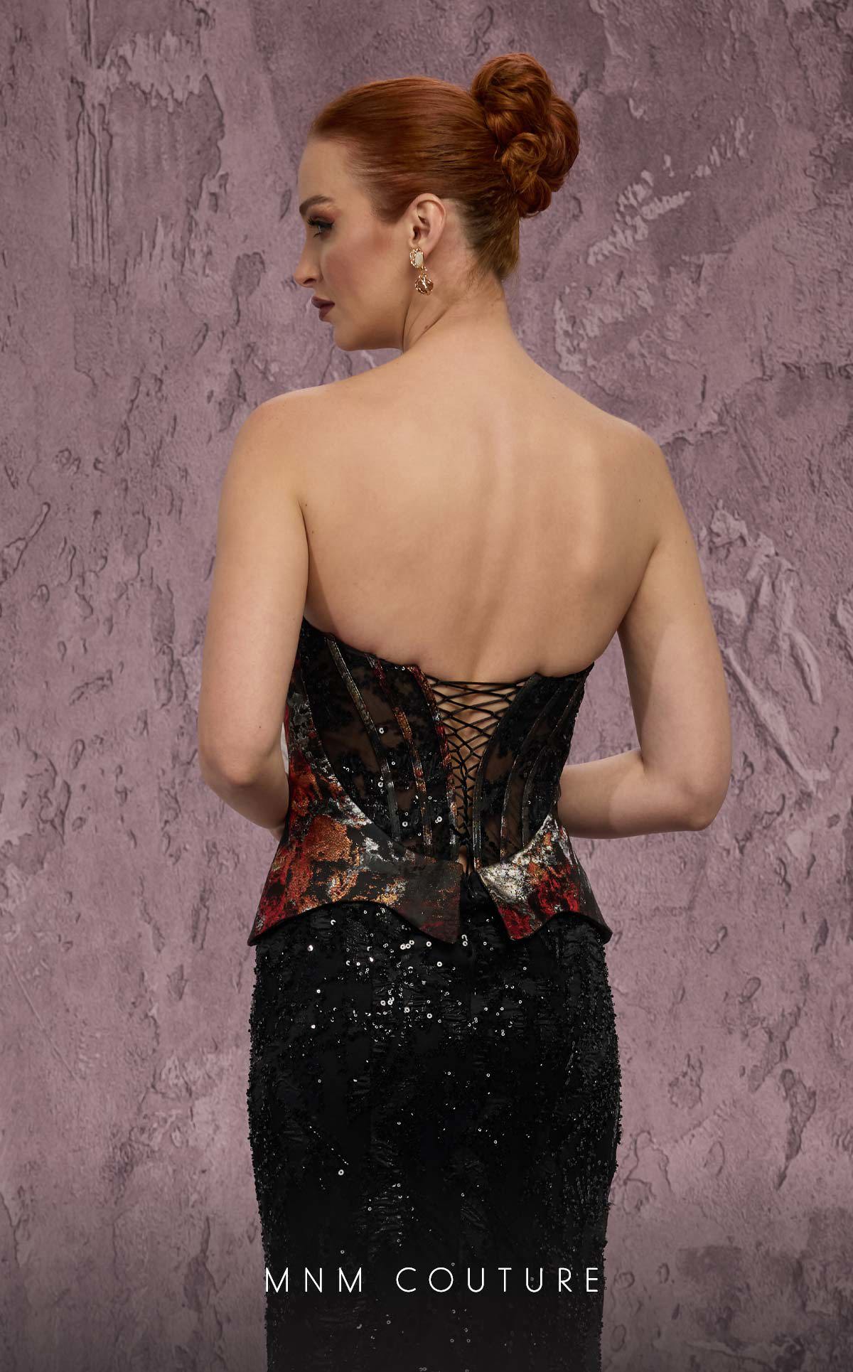 MNM Couture J03569 Black Strapless Beaded Mermaid Gown with Contrasting Peplum Bodice