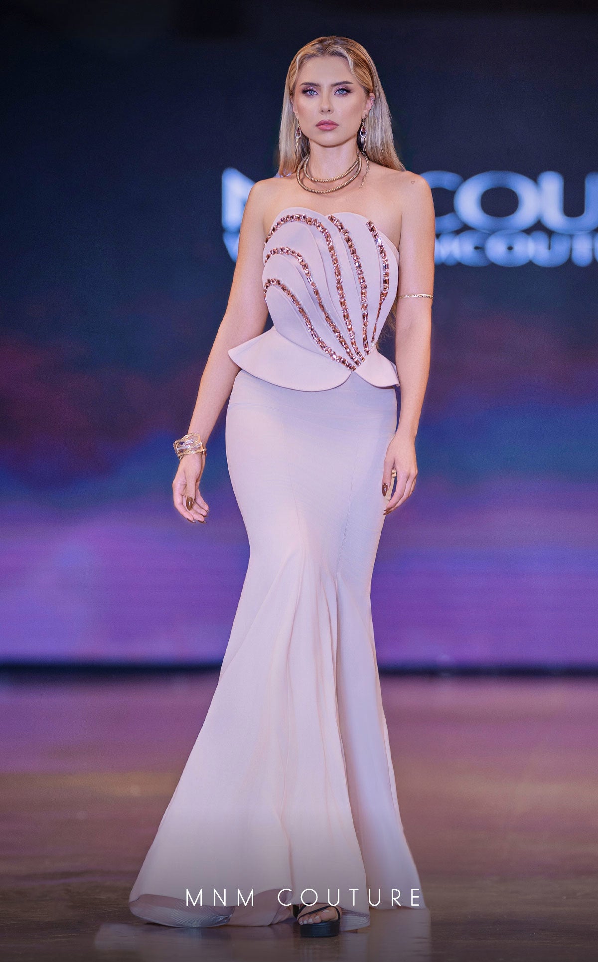 MNM Couture J03571 Gold Strapless Embroidered Rayon Crepe Mermaid Gown