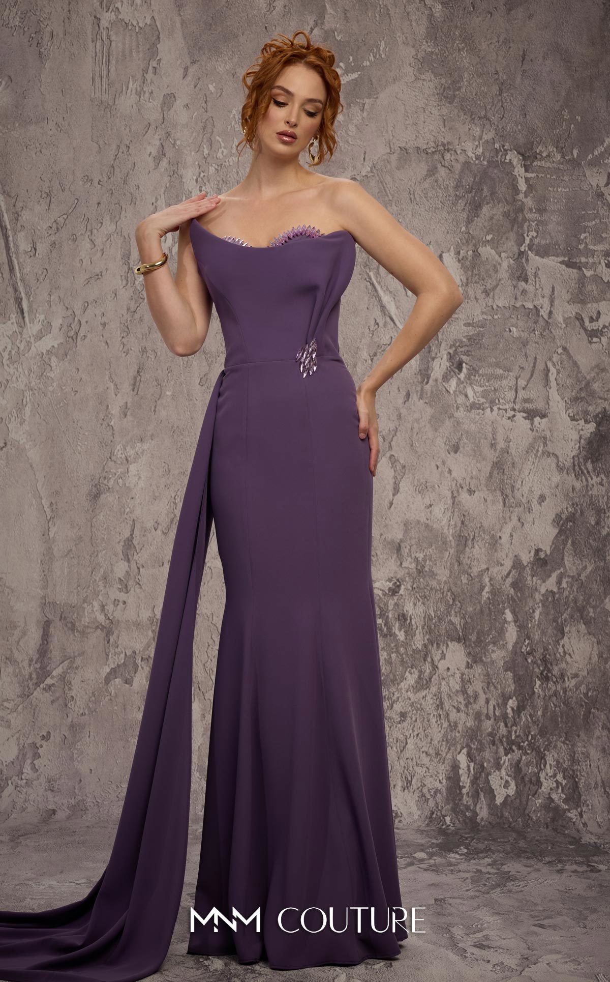 MNM Couture J03584 Purple Rayon Crepe Strapless Crystal Sweetheart Mermaid Gown