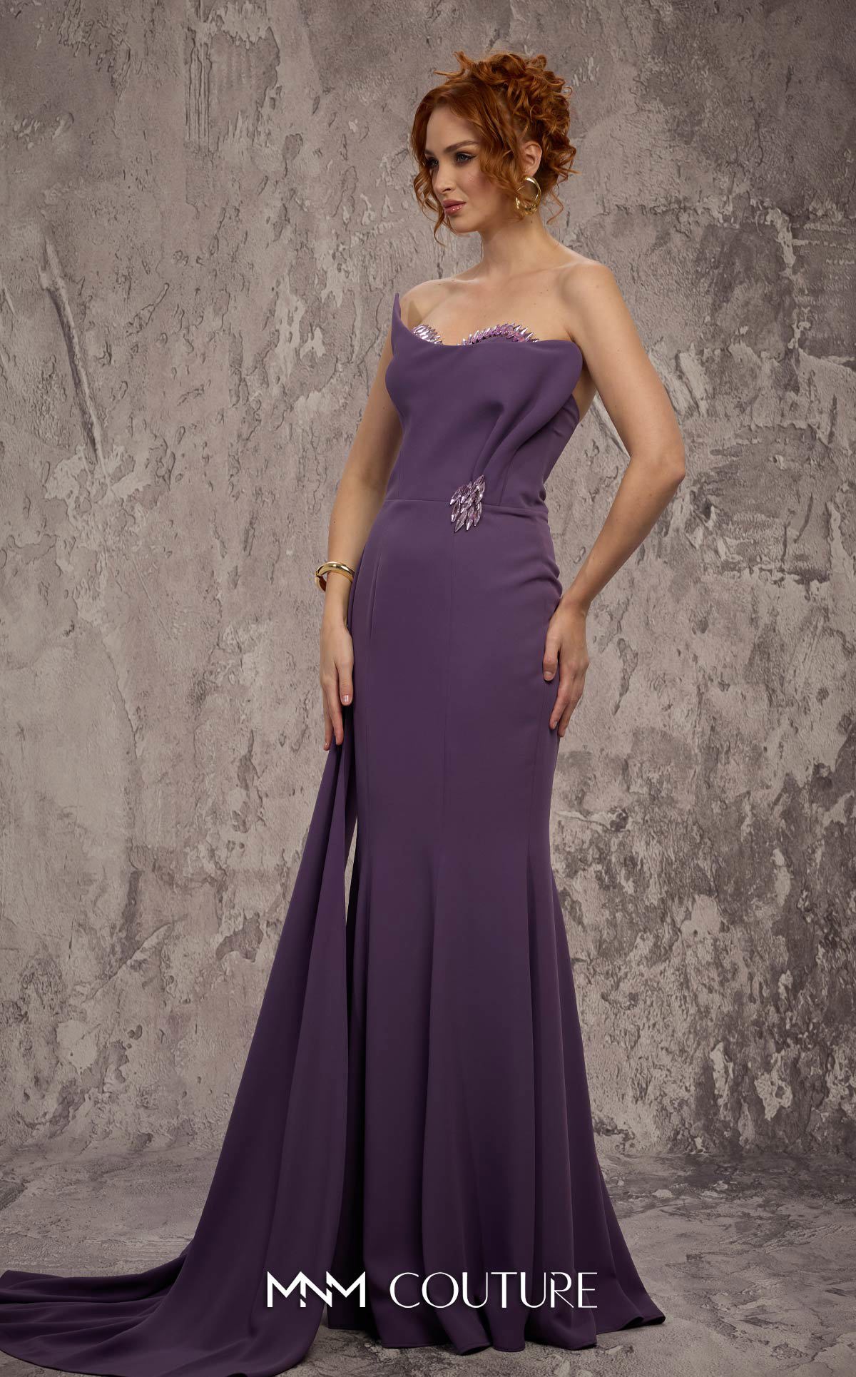 MNM Couture J03584 Purple Rayon Crepe Strapless Crystal Sweetheart Mermaid Gown