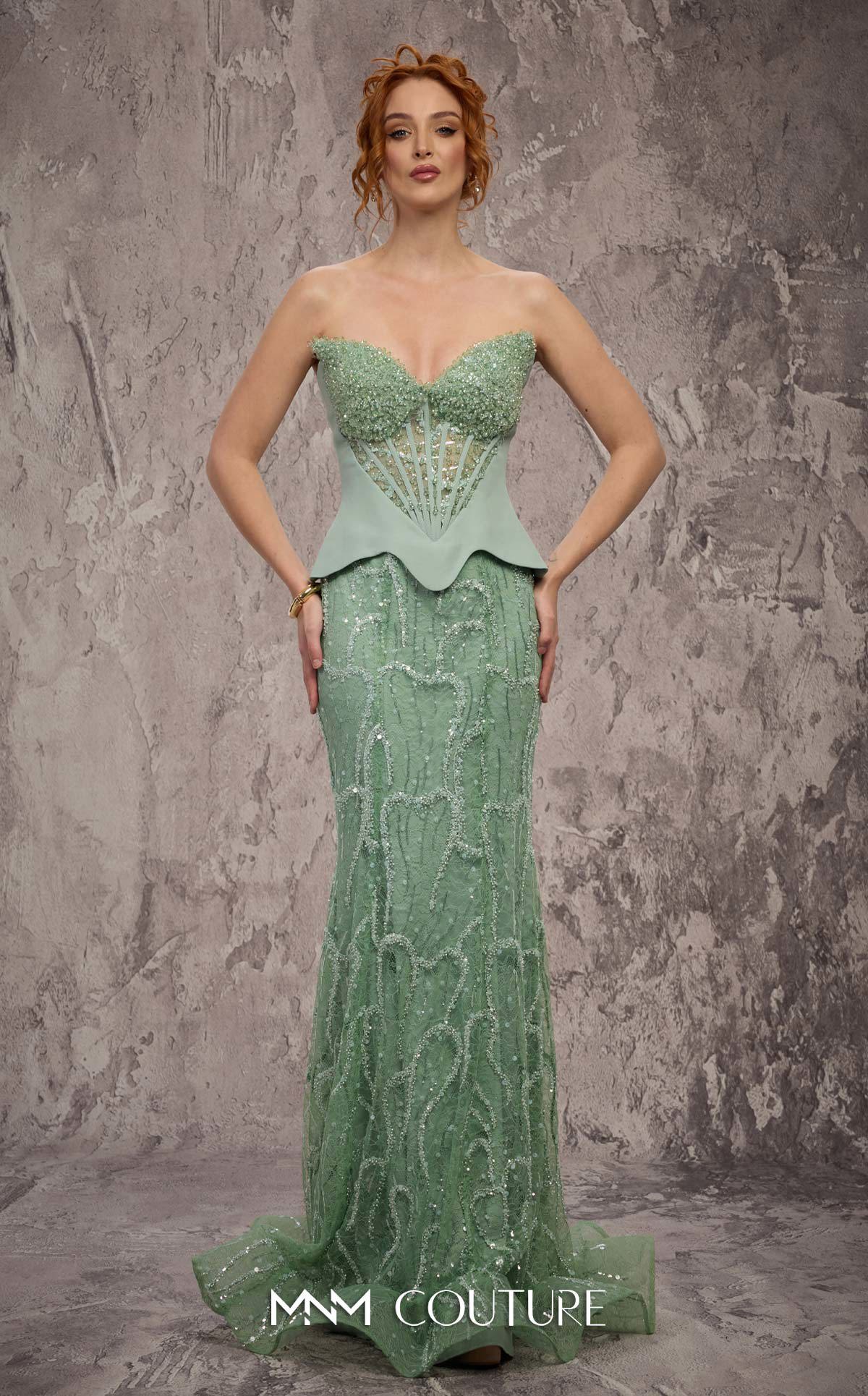 MNM Couture J03585 Green Strapless Corset Embellished Beaded Lace Trumpet Gown