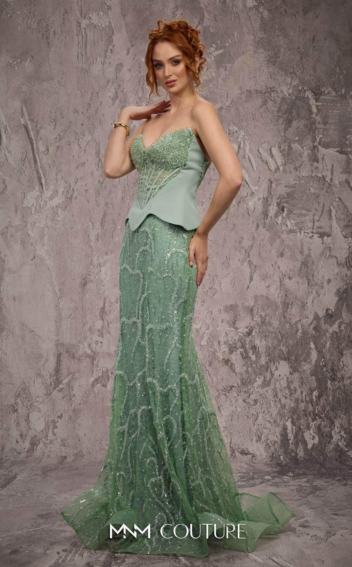 MNM Couture J03585 Green Strapless Corset Embellished Beaded Lace Trumpet Gown