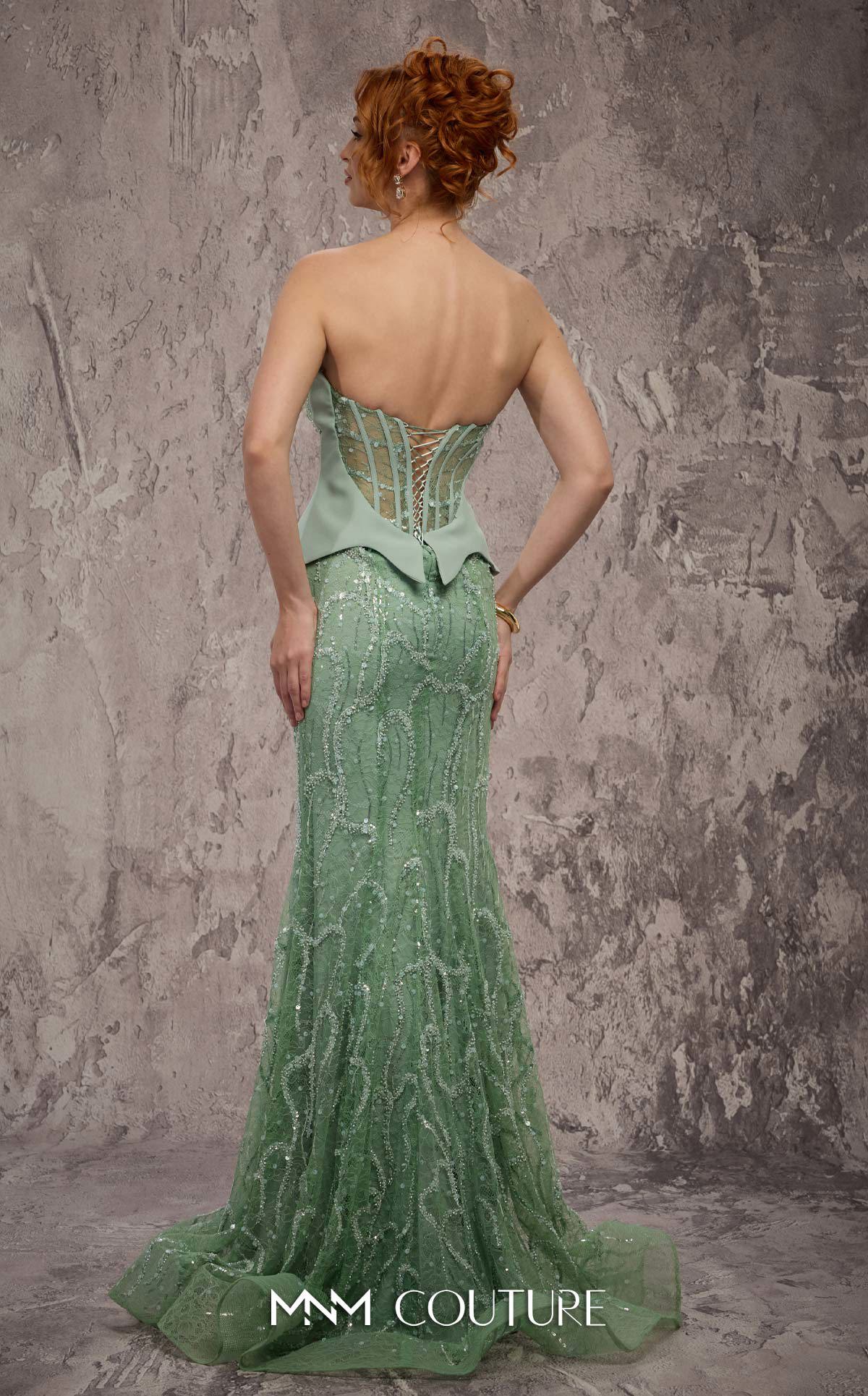 MNM Couture J03585 Green Strapless Corset Embellished Beaded Lace Trumpet Gown