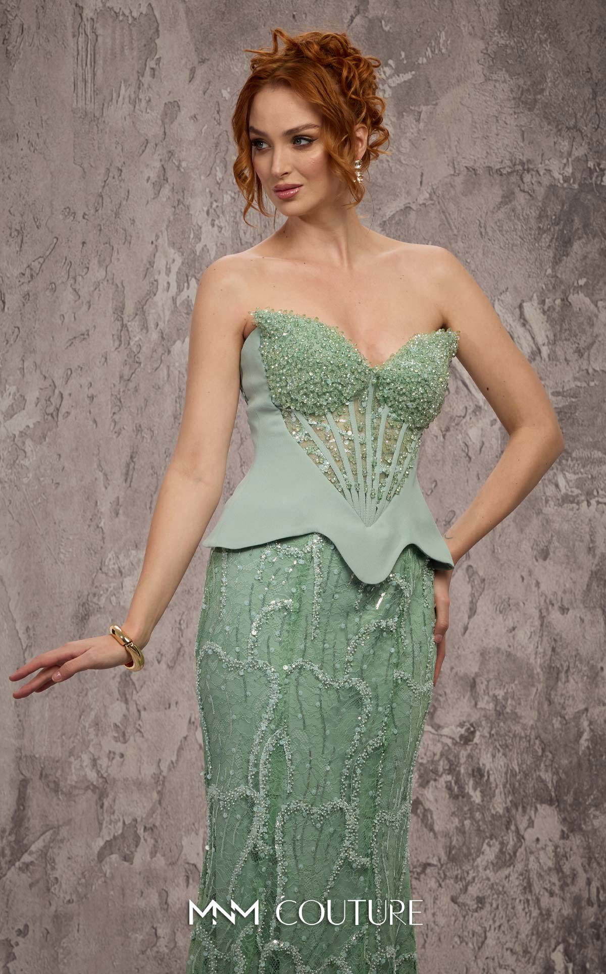MNM Couture J03585 Green Strapless Corset Embellished Beaded Lace Trumpet Gown