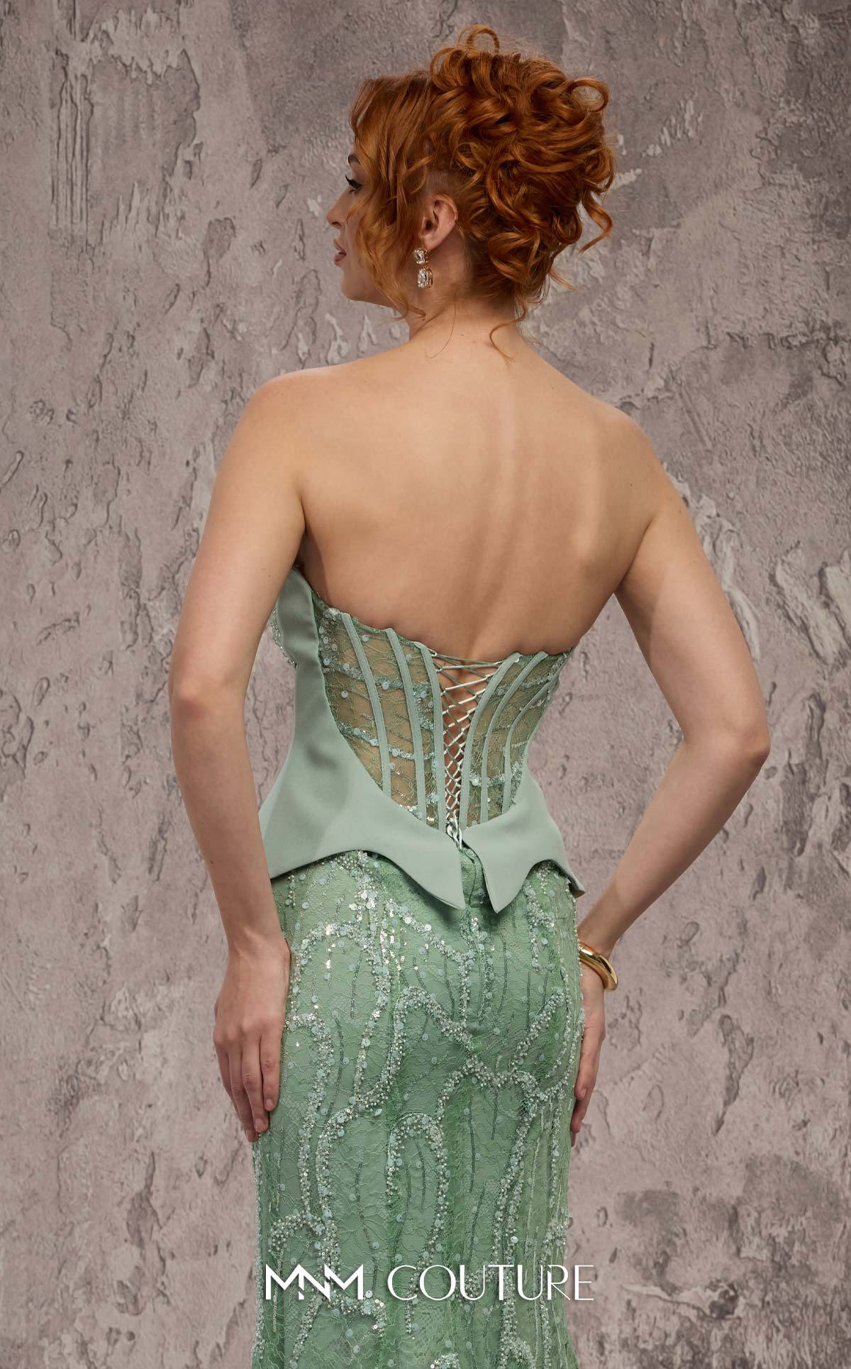 MNM Couture J03585 Green Strapless Corset Embellished Beaded Lace Trumpet Gown