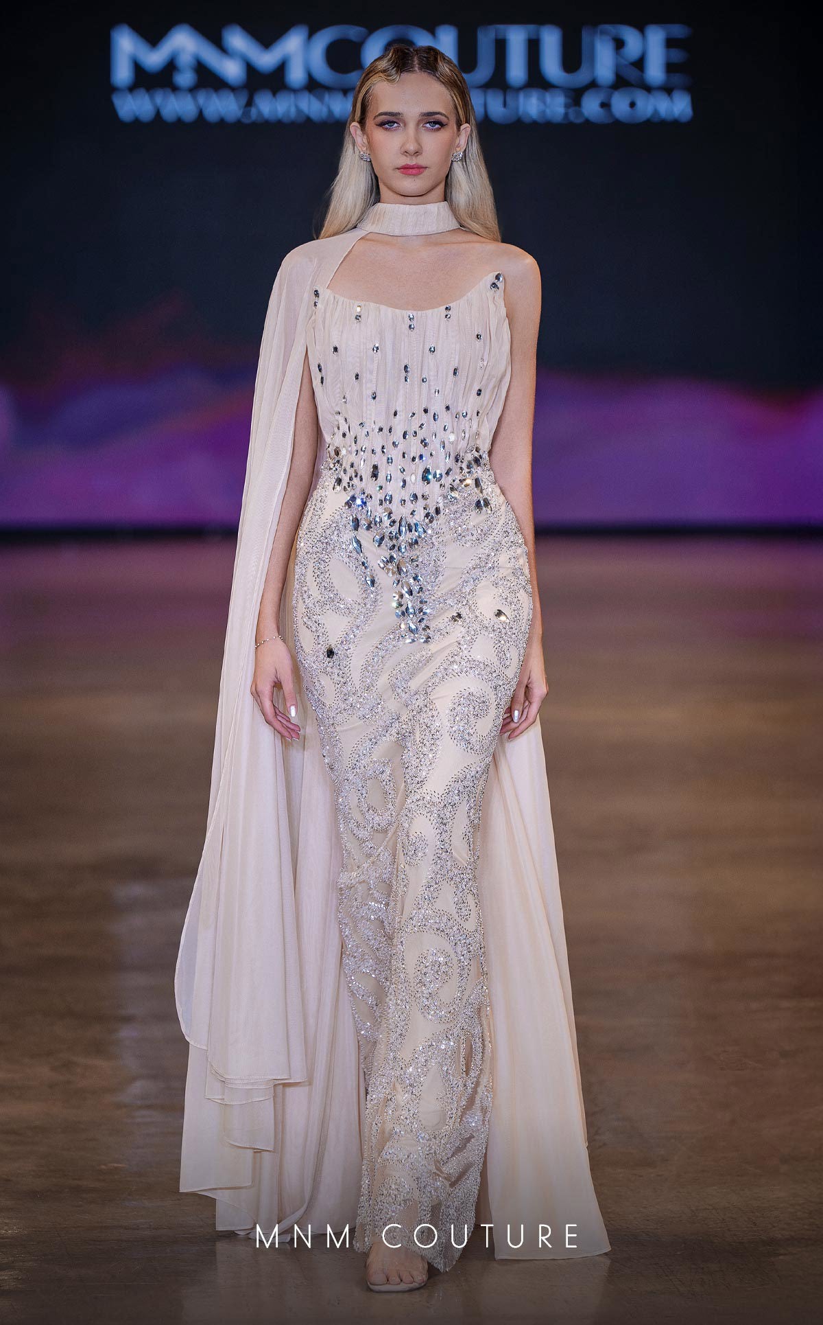 MNM Couture J03590 Gold Embellished Strapless Chiffon Cape Gown