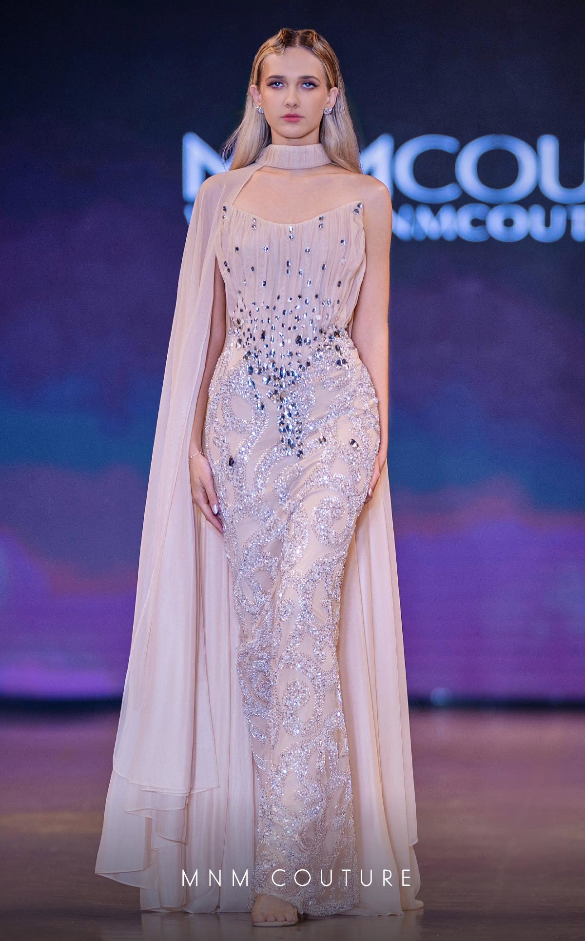 MNM Couture J03590 Gold Embellished Strapless Chiffon Cape Gown